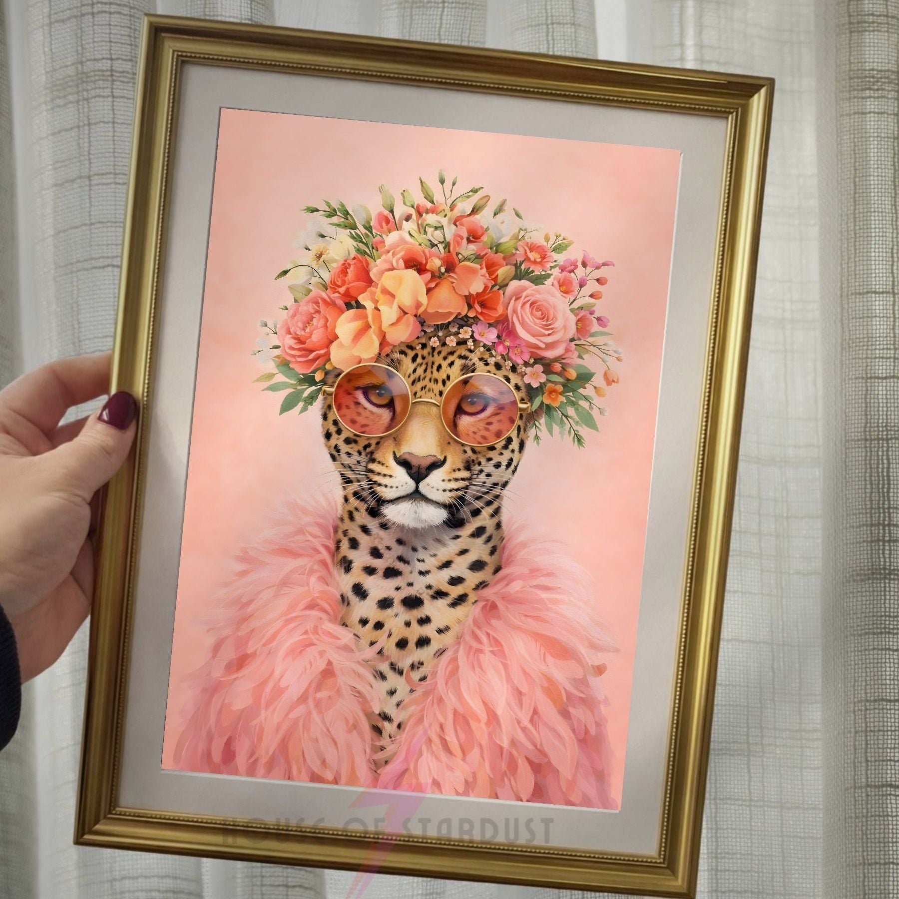 Glam Leopard Wall Art Print | Pink Floral Animal Artwork | Coquette Decor | Maximalist Flower Poster A4 A3 A5 A1 A2