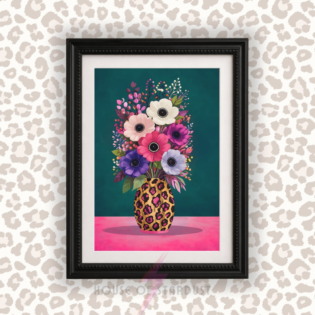 Colourful Floral Vase Wall Art Print | Leopard Print Vase Artwork | Botanical Maximalist Decor | Statement Home Poster A4 A3 A5 A1 A2
