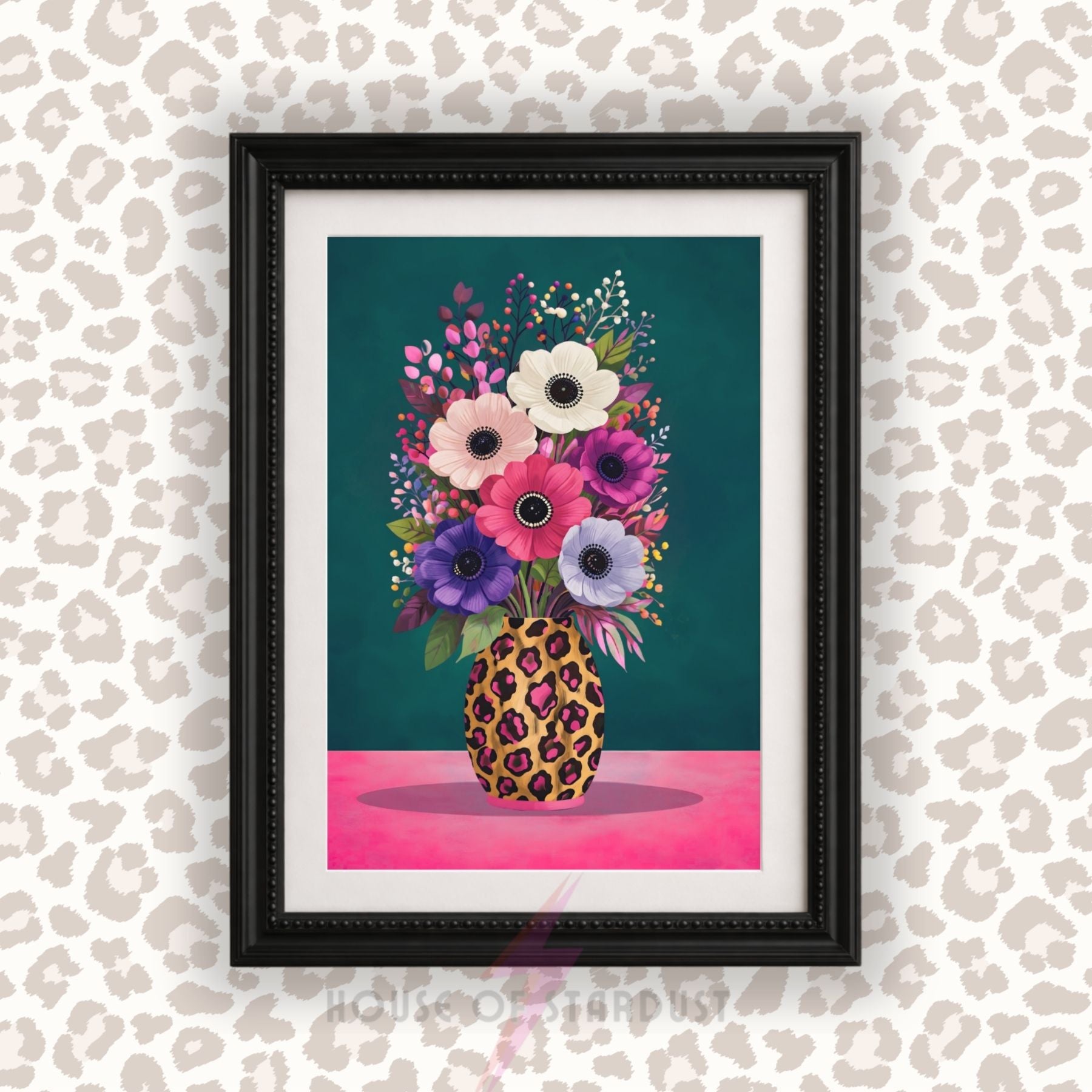 Colourful Floral Vase Wall Art Print | Leopard Print Vase Artwork | Botanical Maximalist Decor | Statement Home Poster A4 A3 A5 A1 A2