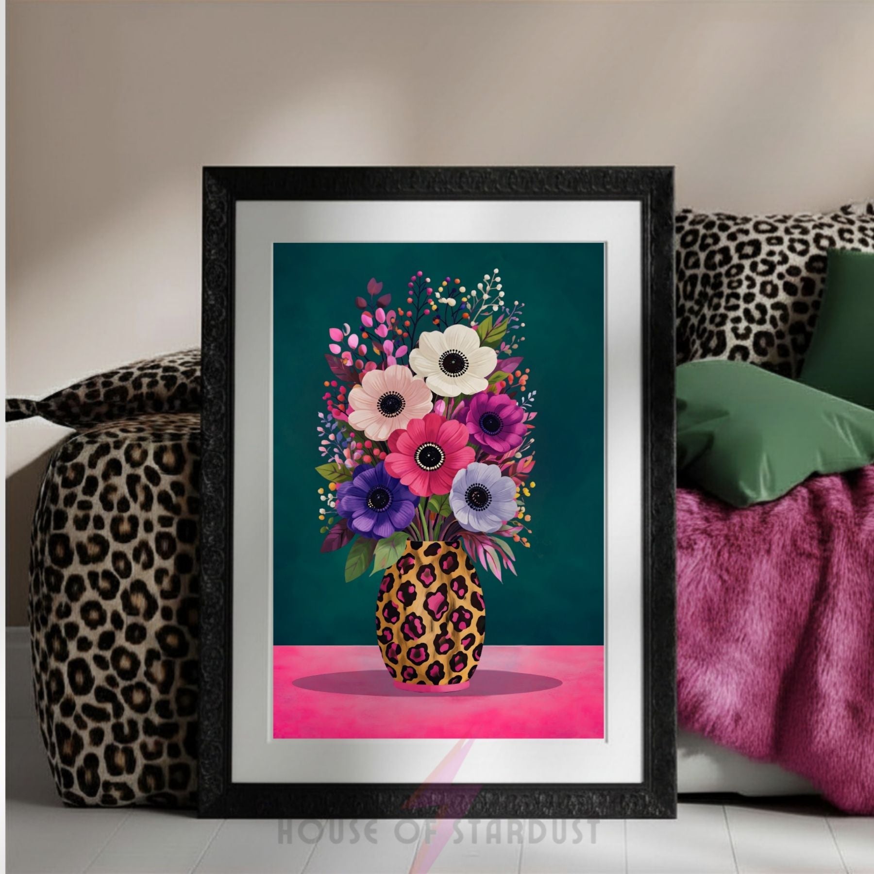 Colourful Floral Vase Wall Art Print | Leopard Print Vase Artwork | Botanical Maximalist Decor | Statement Home Poster A4 A3 A5 A1 A2