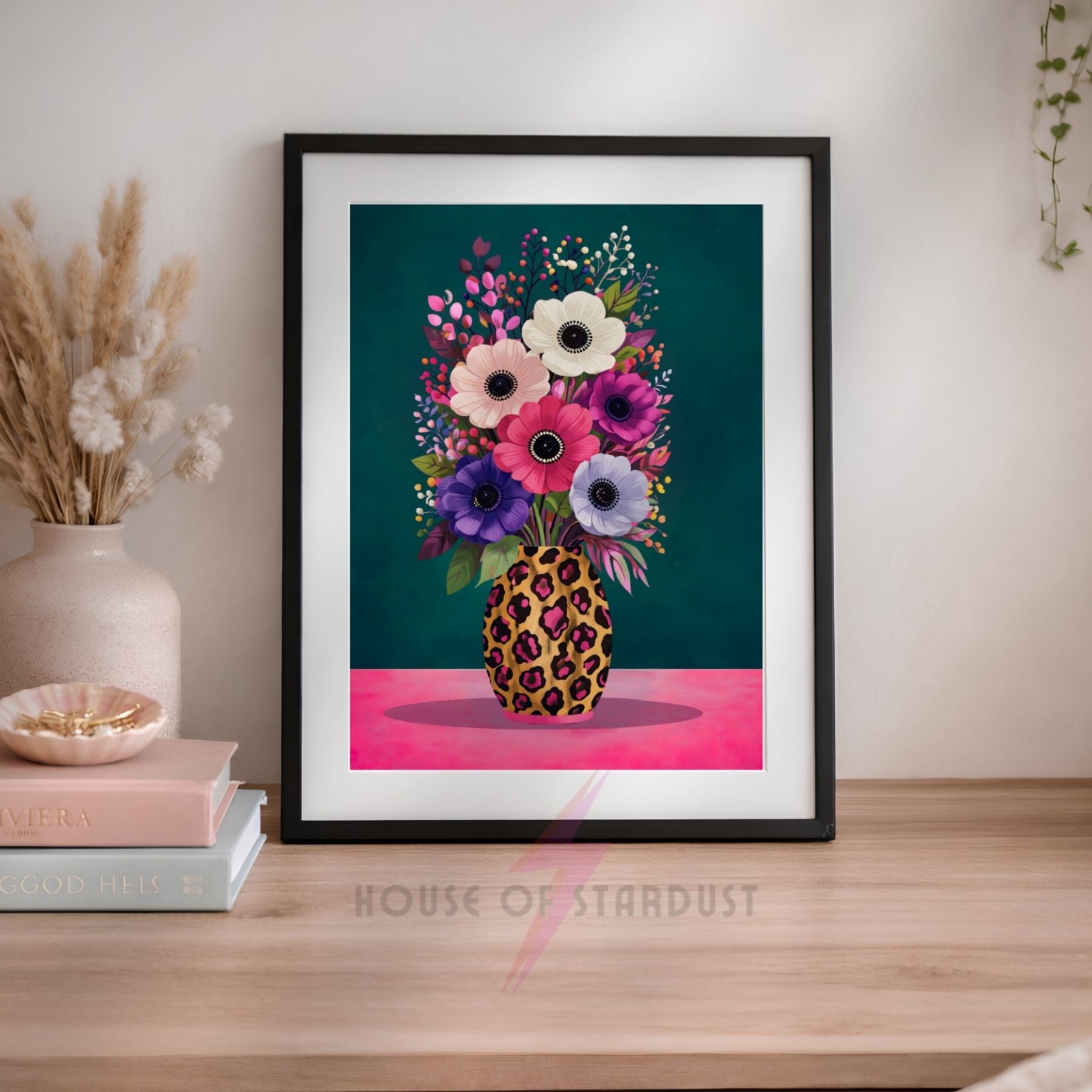 Colourful Floral Vase Wall Art Print | Leopard Print Vase Artwork | Botanical Maximalist Decor | Statement Home Poster A4 A3 A5 A1 A2