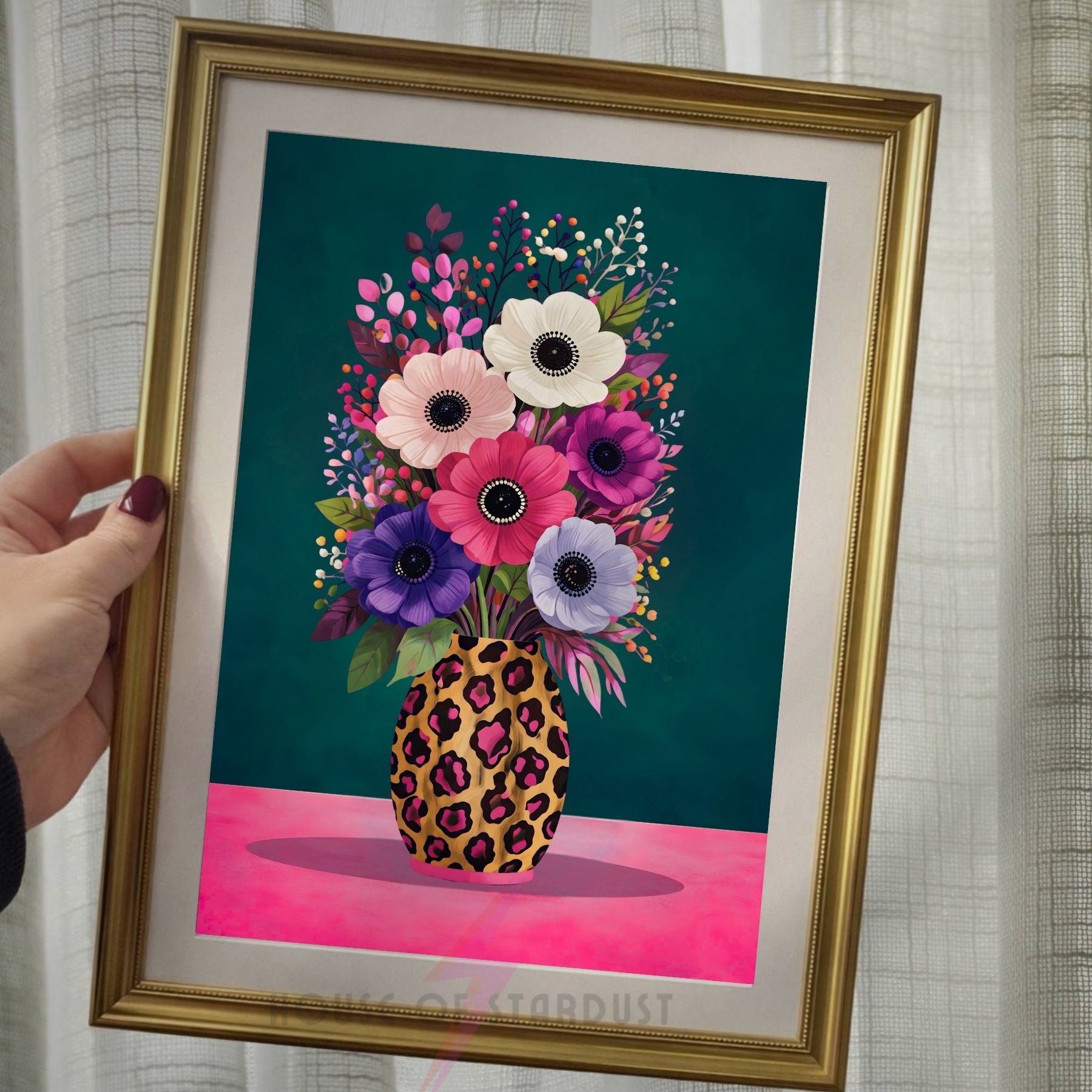Colourful Floral Vase Wall Art Print | Leopard Print Vase Artwork | Botanical Maximalist Decor | Statement Home Poster A4 A3 A5 A1 A2