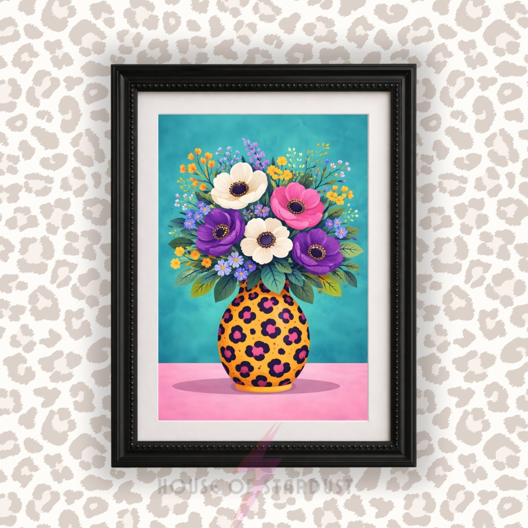 Colourful Floral Vase Wall Art Print | Leopard Print Vase wall art print | Botanical Maximalist Decor | Statement Home Poster A4 A3 A5 A1 A2
