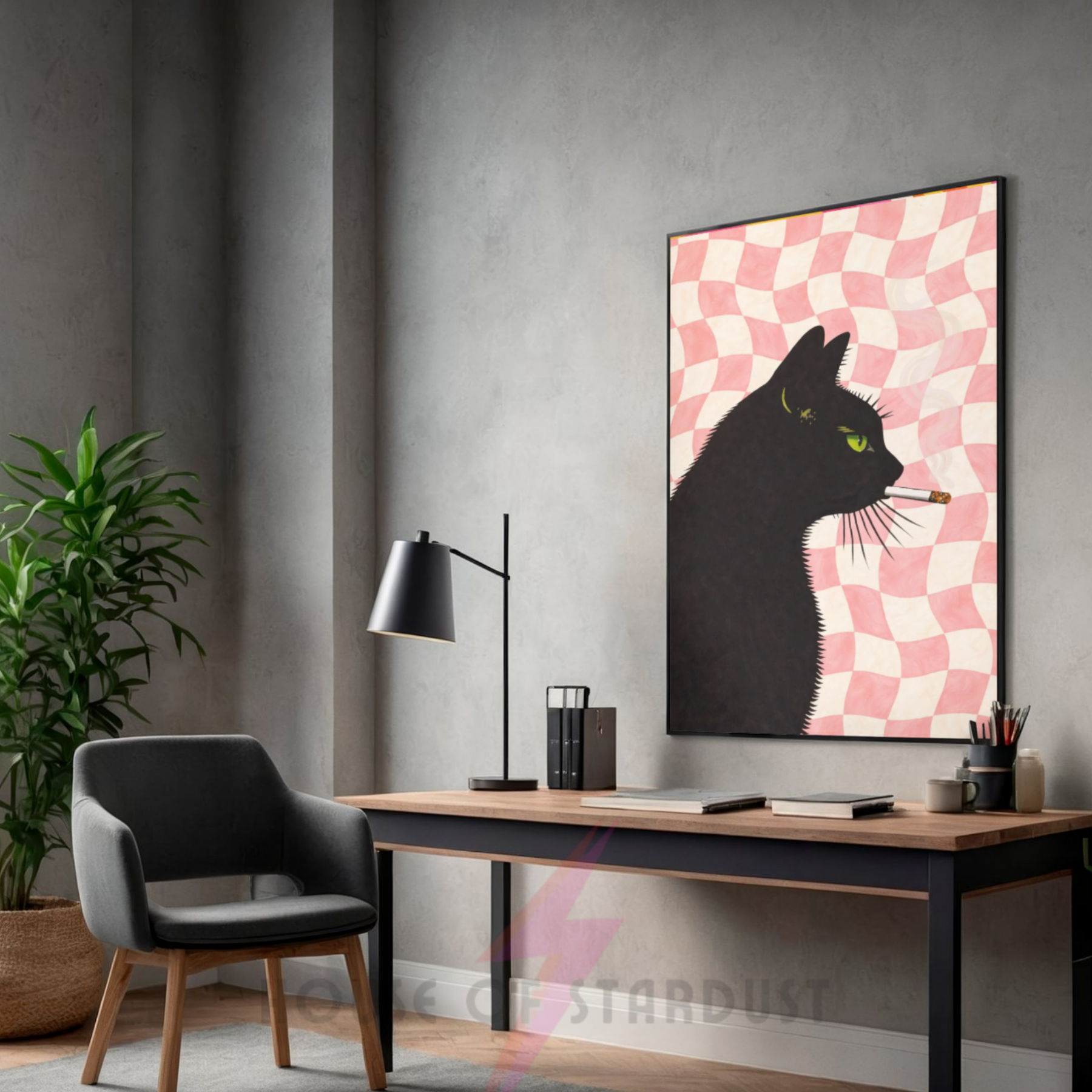 Pink Checkerboard | Cool smokin' kitty cat print