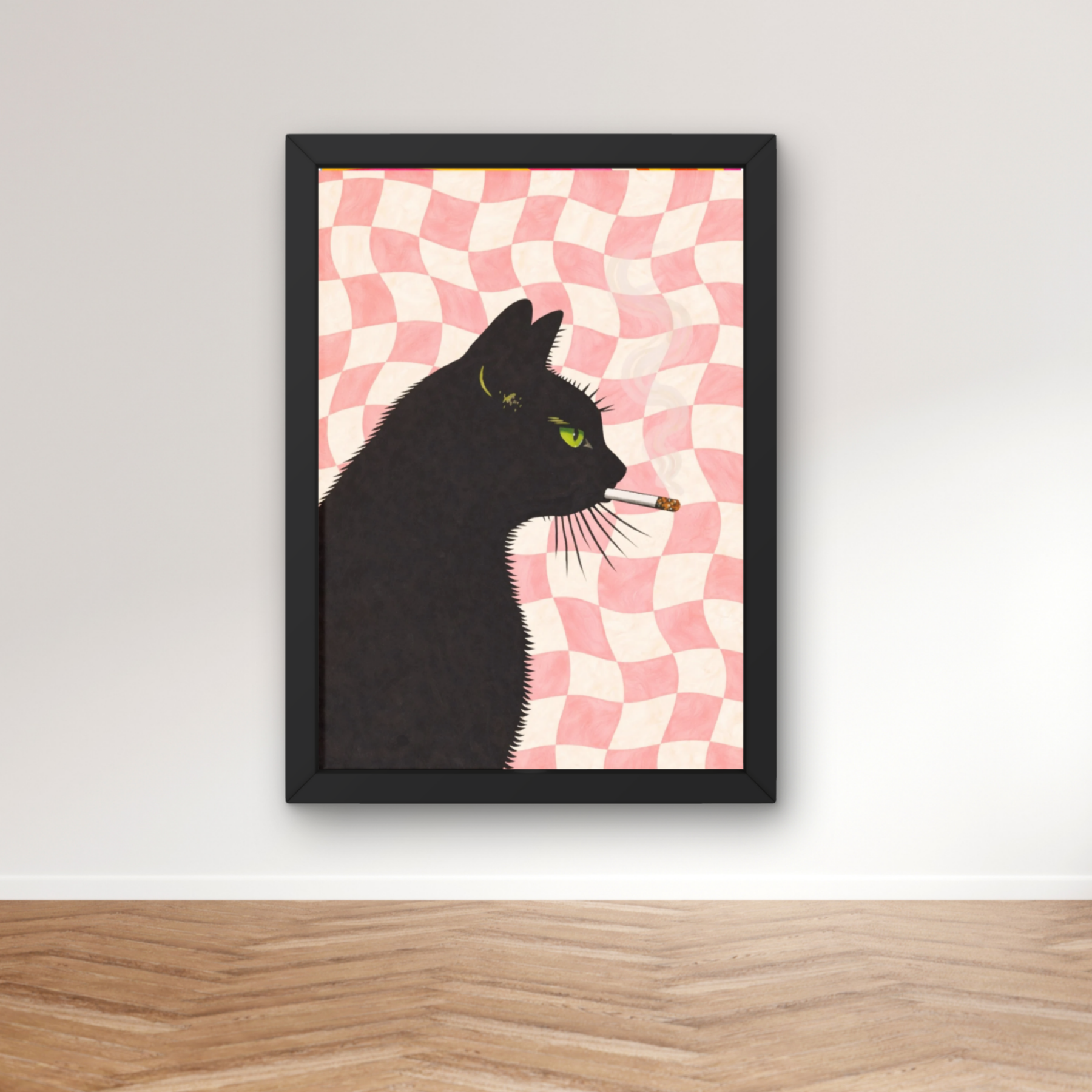 Pink Checkerboard | Cool smokin' kitty cat print