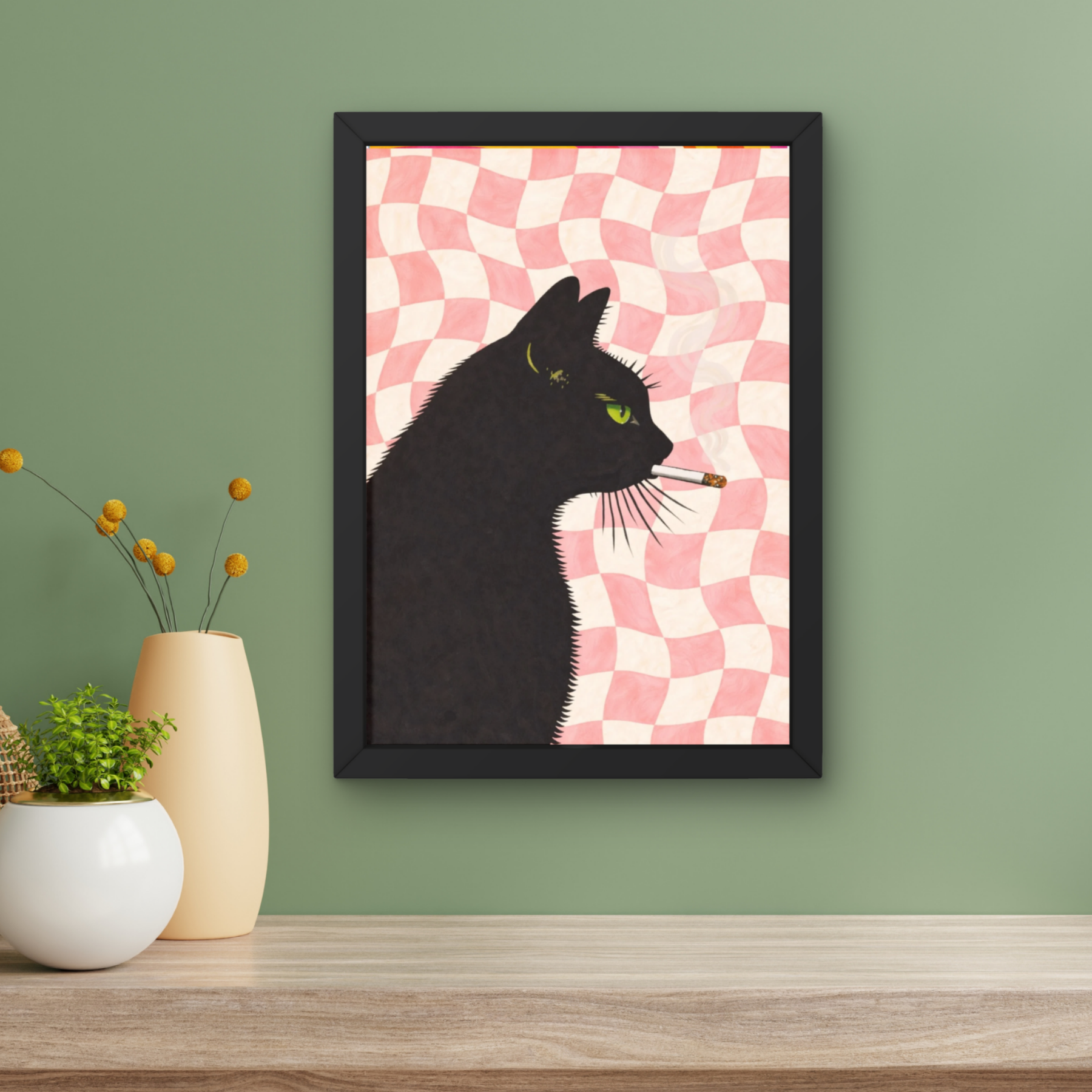Pink Checkerboard | Cool smokin' kitty cat print