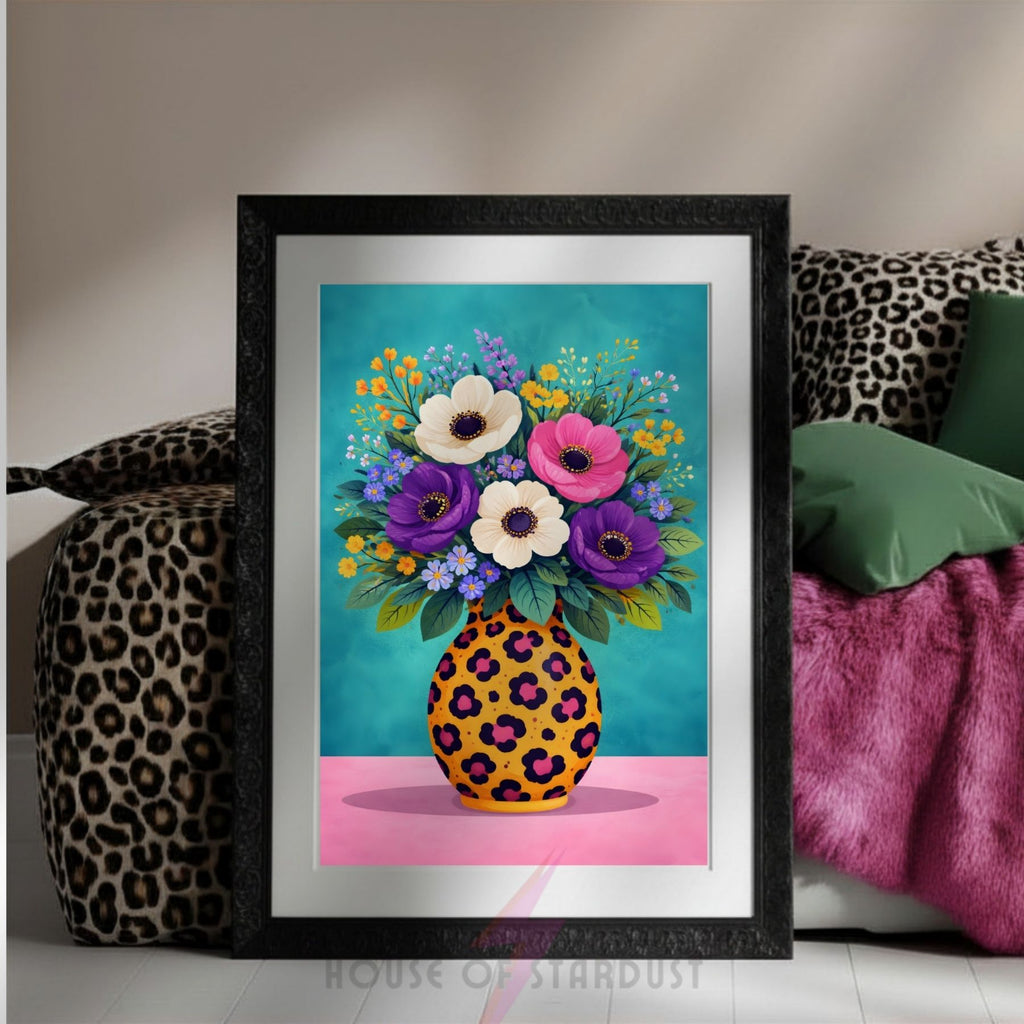Colourful Floral Vase Wall Art Print | Leopard Print Vase wall art print | Botanical Maximalist Decor | Statement Home Poster A4 A3 A5 A1 A2