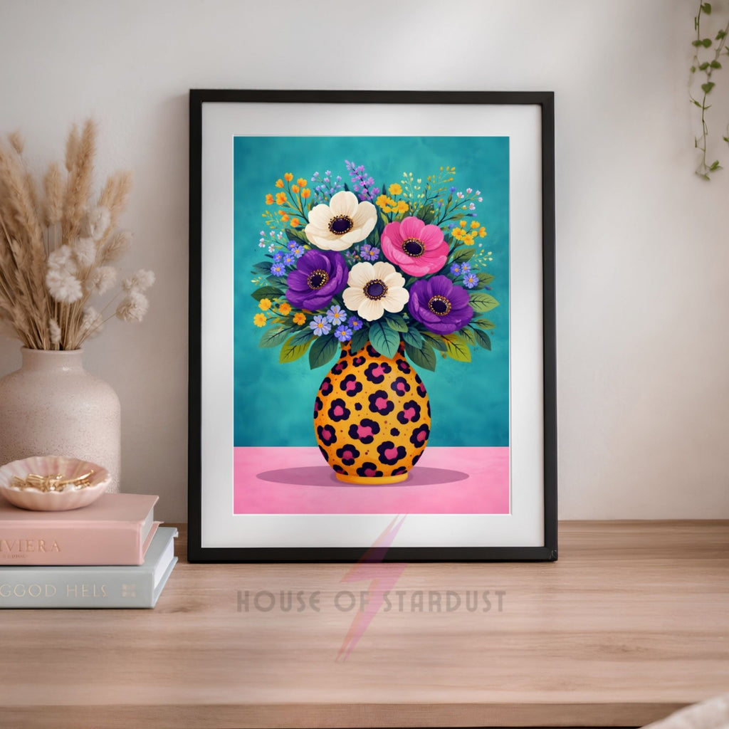 Colourful Floral Vase Wall Art Print | Leopard Print Vase wall art print | Botanical Maximalist Decor | Statement Home Poster A4 A3 A5 A1 A2