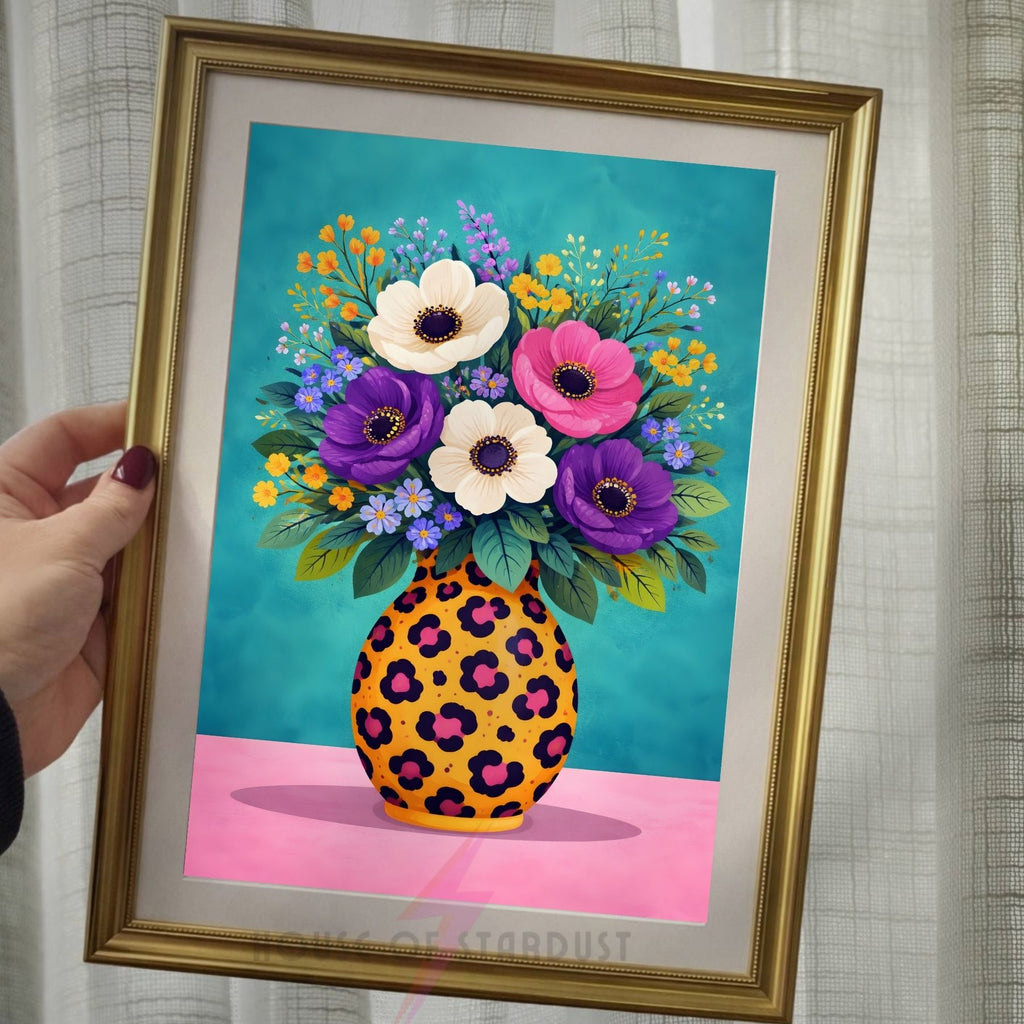 Colourful Floral Vase Wall Art Print | Leopard Print Vase wall art print | Botanical Maximalist Decor | Statement Home Poster A4 A3 A5 A1 A2