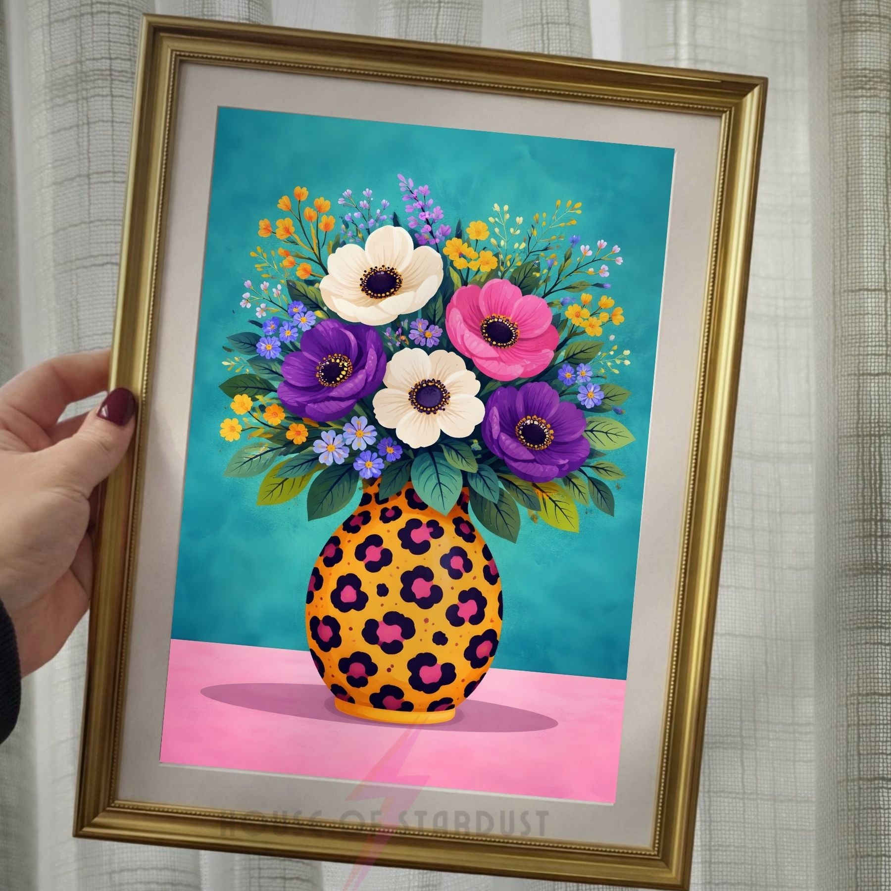 Colourful Floral Vase Wall Art Print | Leopard Print Vase wall art print | Botanical Maximalist Decor | Statement Home Poster A4 A3 A5 A1 A2