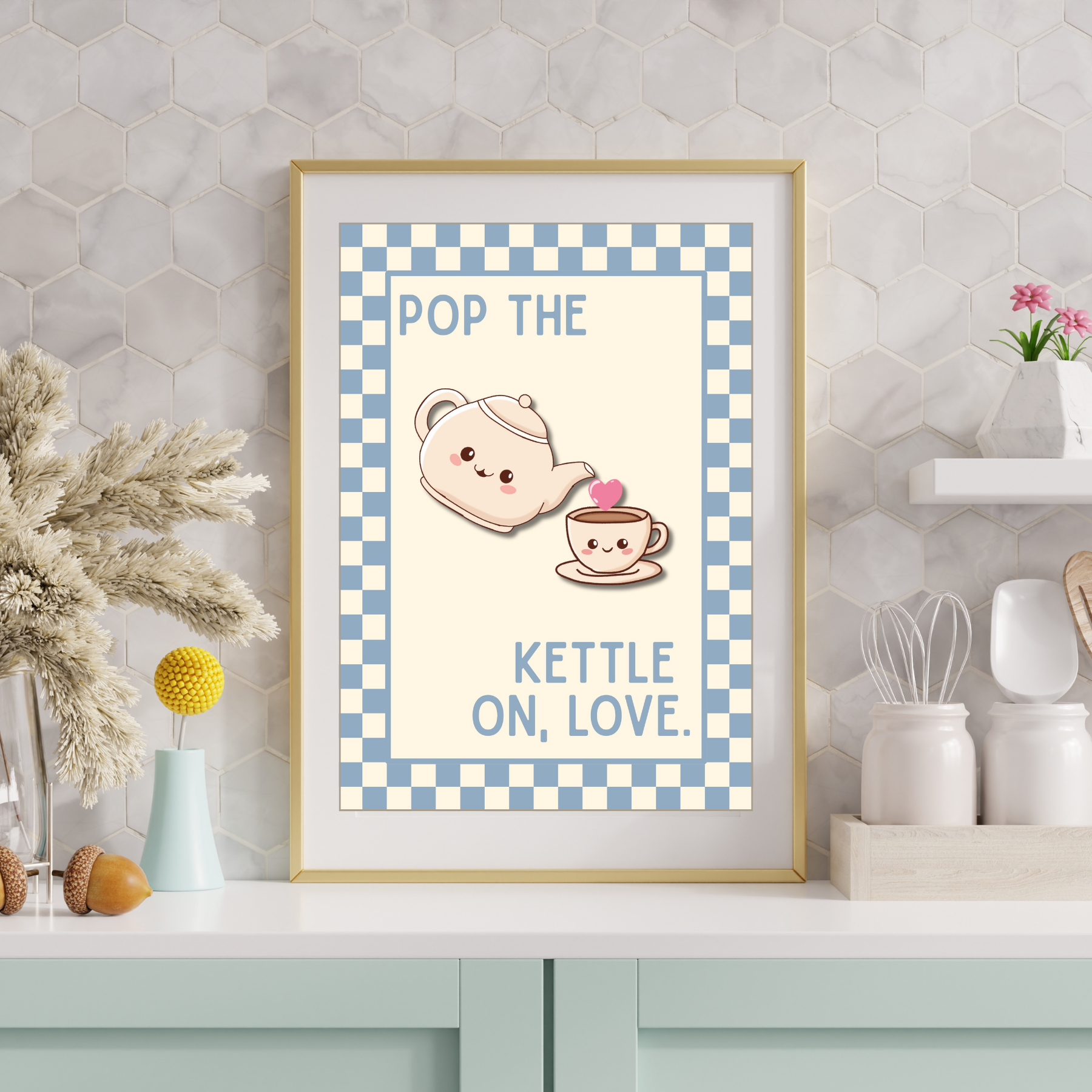 pop the kettle on  | Kitsch Kitchen checkerboard pastels collection print