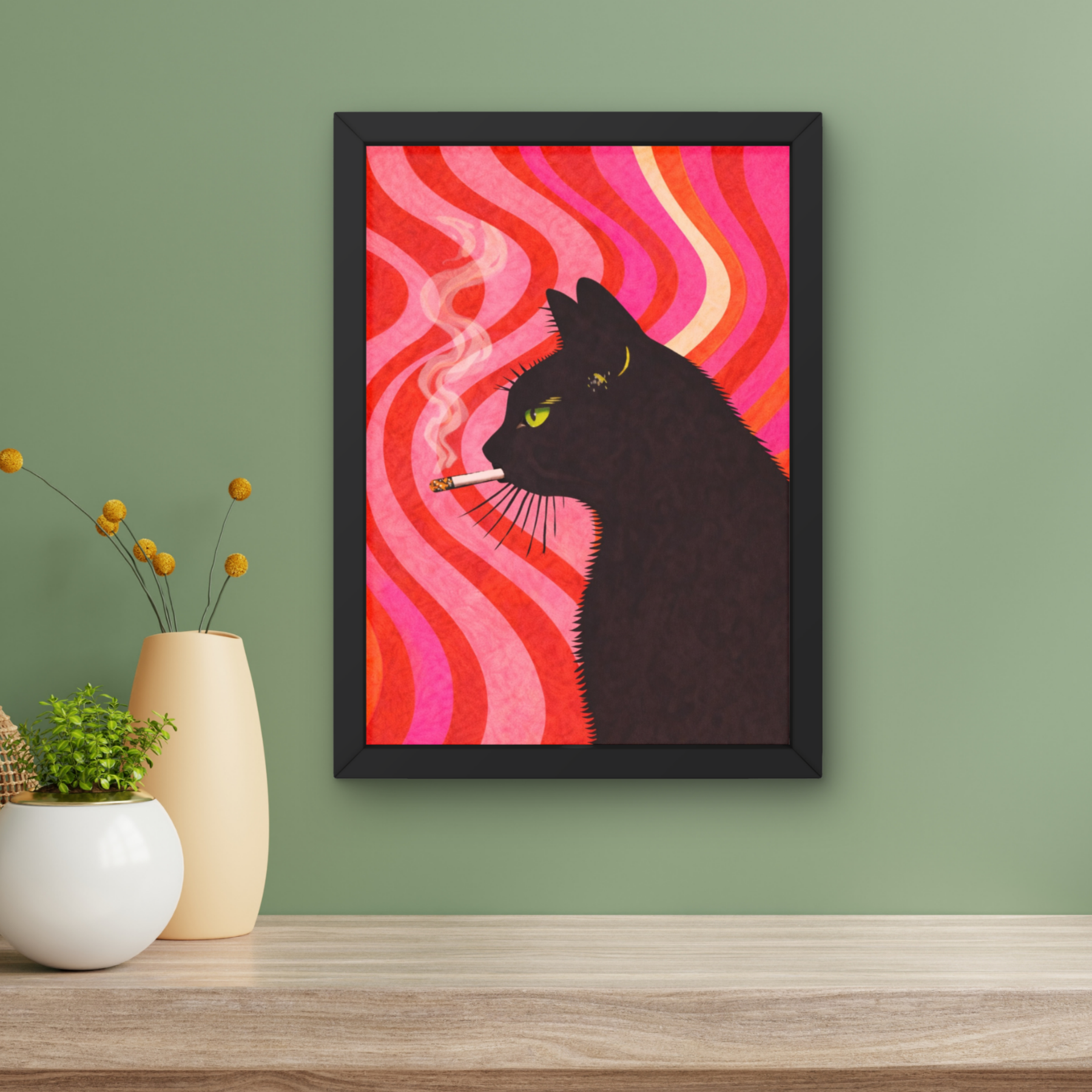 Red waves | Cool smokin' kitty cat print