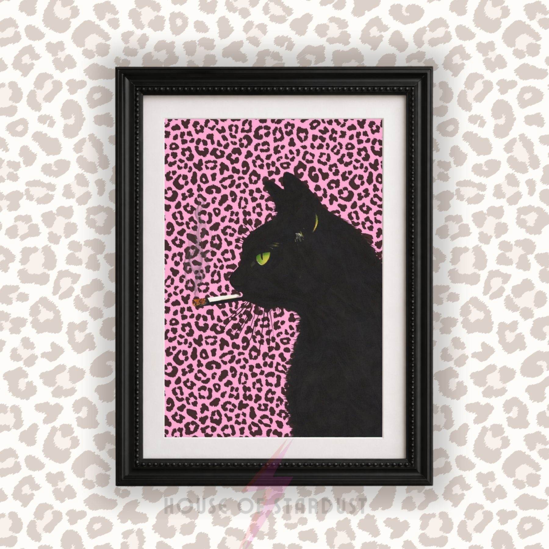 smoking Black Cat Art Print | Pink Leopard print Wall Decor | Gothic Cat Poster | alternative Maximalist Wall Art A4 A3 A5 A1 A2
