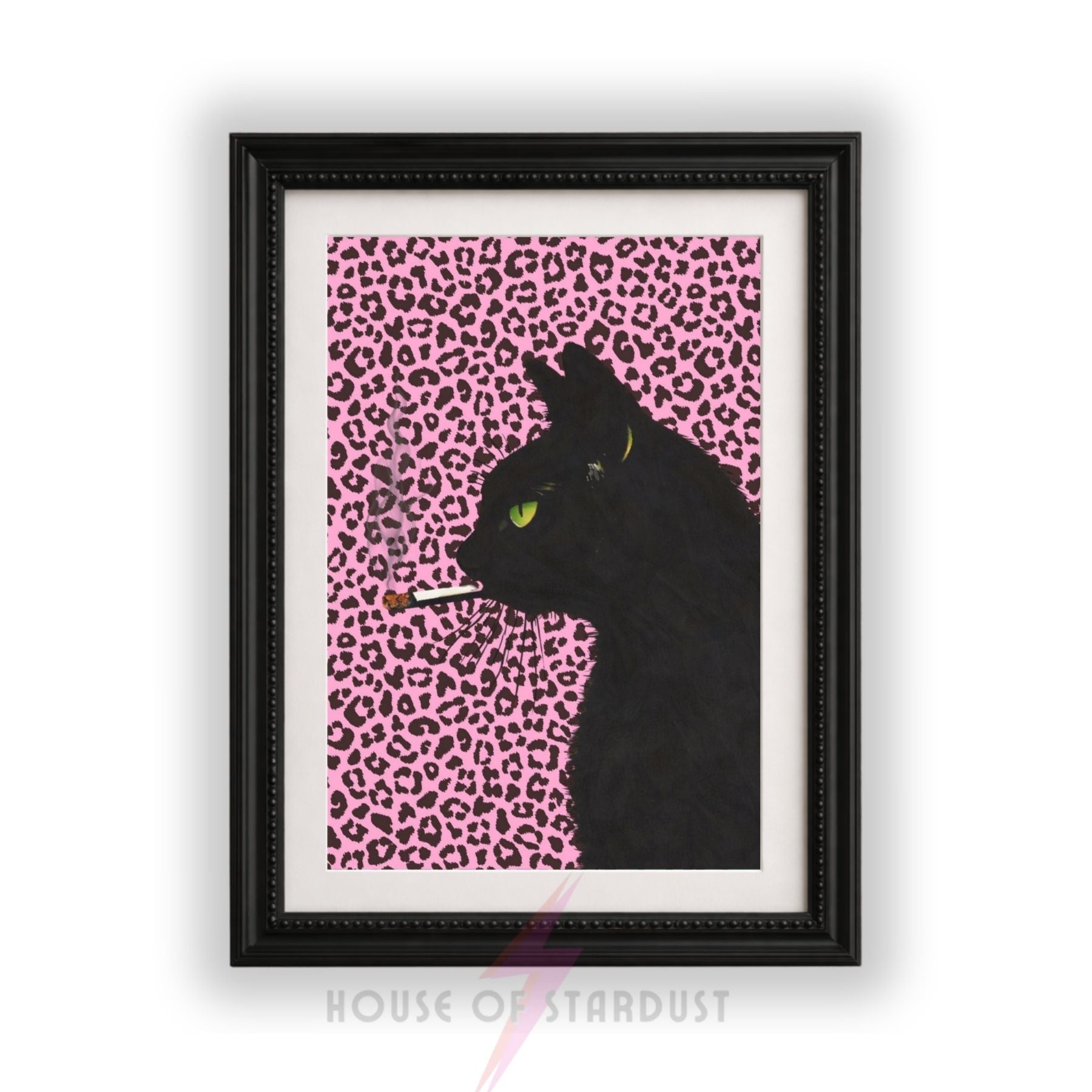 smoking Black Cat Art Print | Pink Leopard print Wall Decor | Gothic Cat Poster | alternative Maximalist Wall Art A4 A3 A5 A1 A2