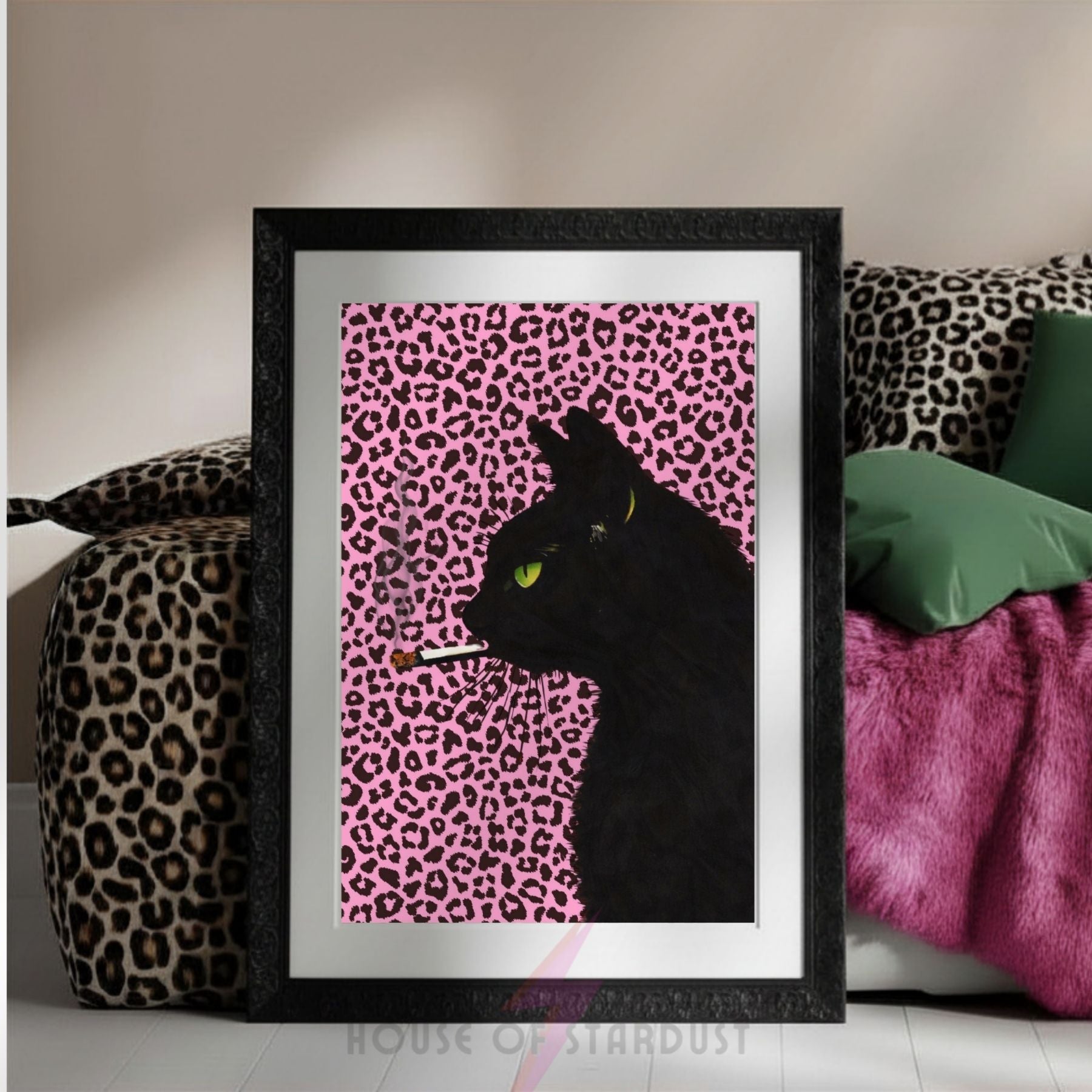 smoking Black Cat Art Print | Pink Leopard print Wall Decor | Gothic Cat Poster | alternative Maximalist Wall Art A4 A3 A5 A1 A2