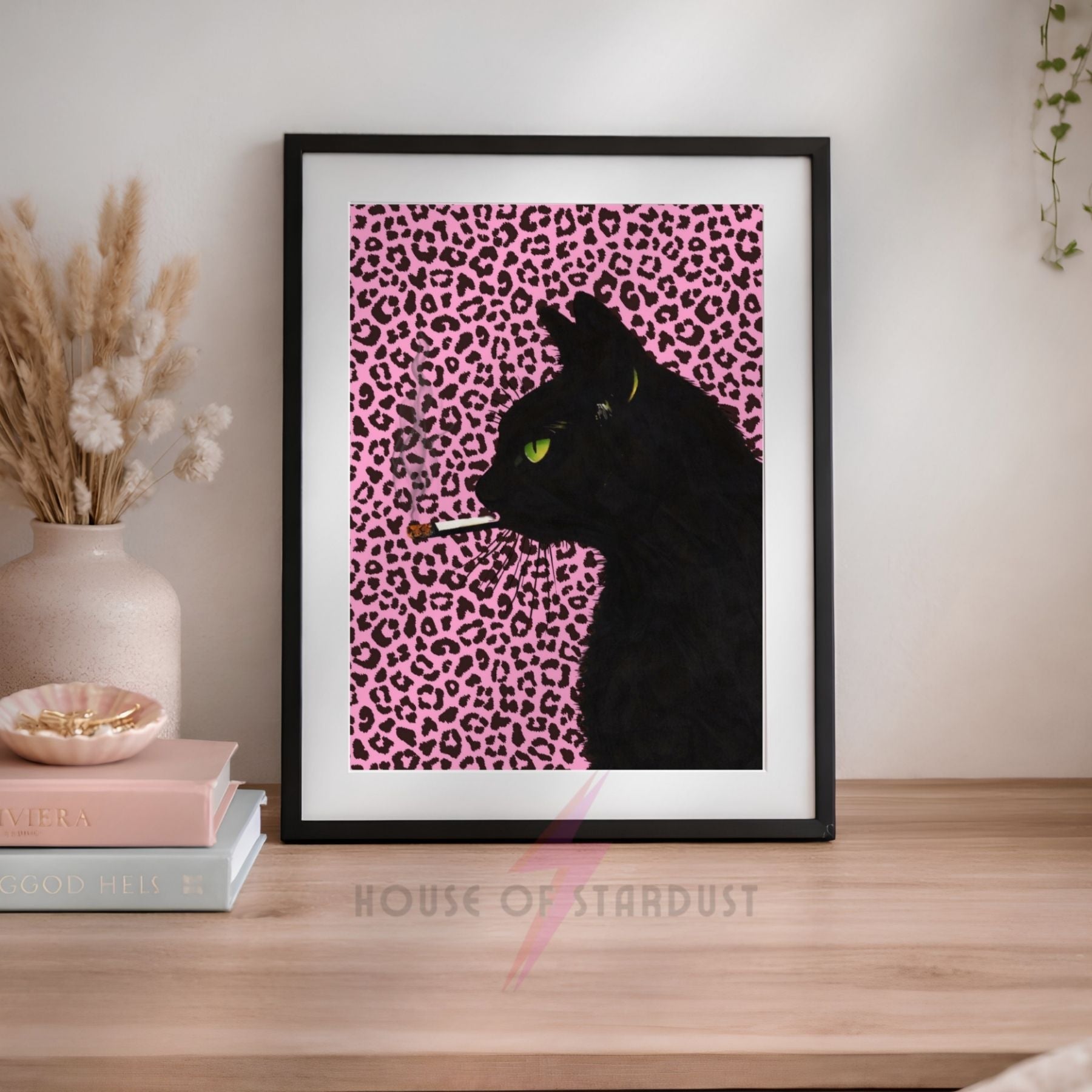 smoking Black Cat Art Print | Pink Leopard print Wall Decor | Gothic Cat Poster | alternative Maximalist Wall Art A4 A3 A5 A1 A2