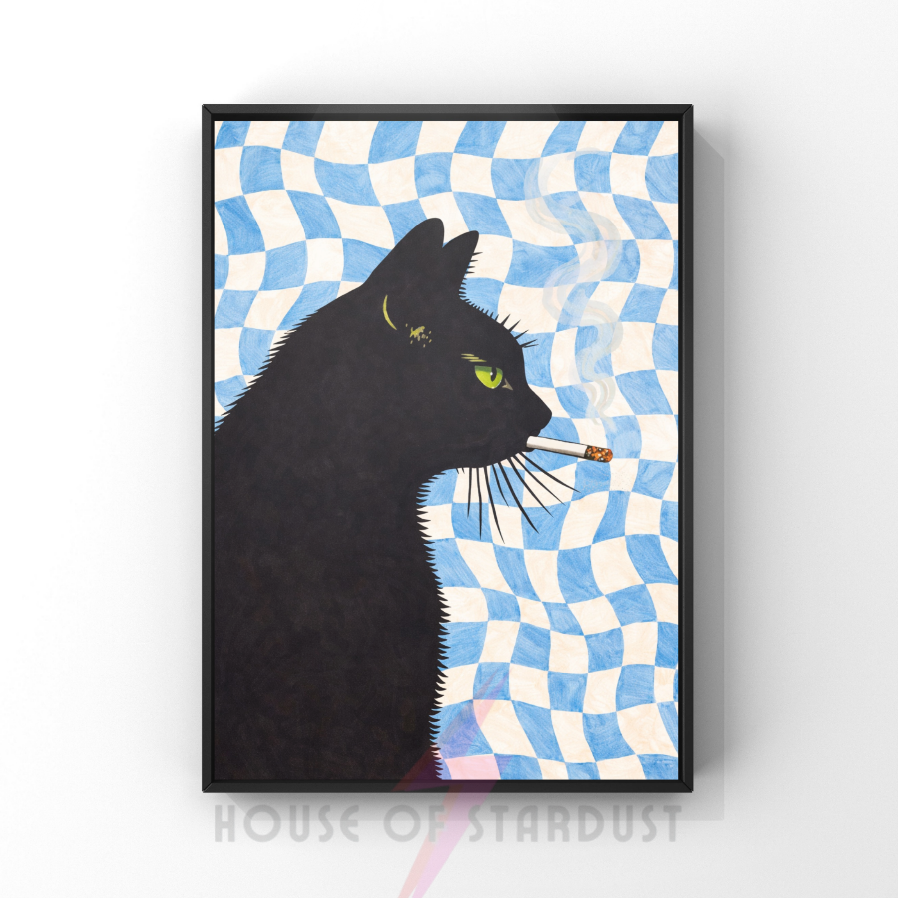 Blue Checkerboard | Cool smokin' kitty cat print