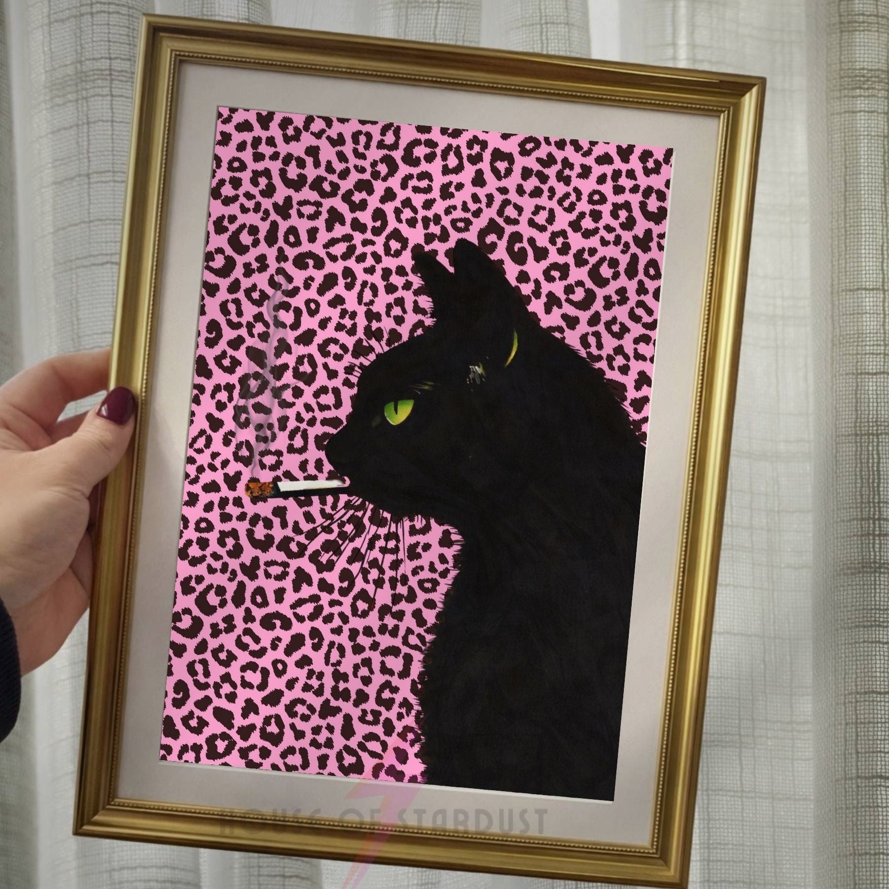 smoking Black Cat Art Print | Pink Leopard print Wall Decor | Gothic Cat Poster | alternative Maximalist Wall Art A4 A3 A5 A1 A2
