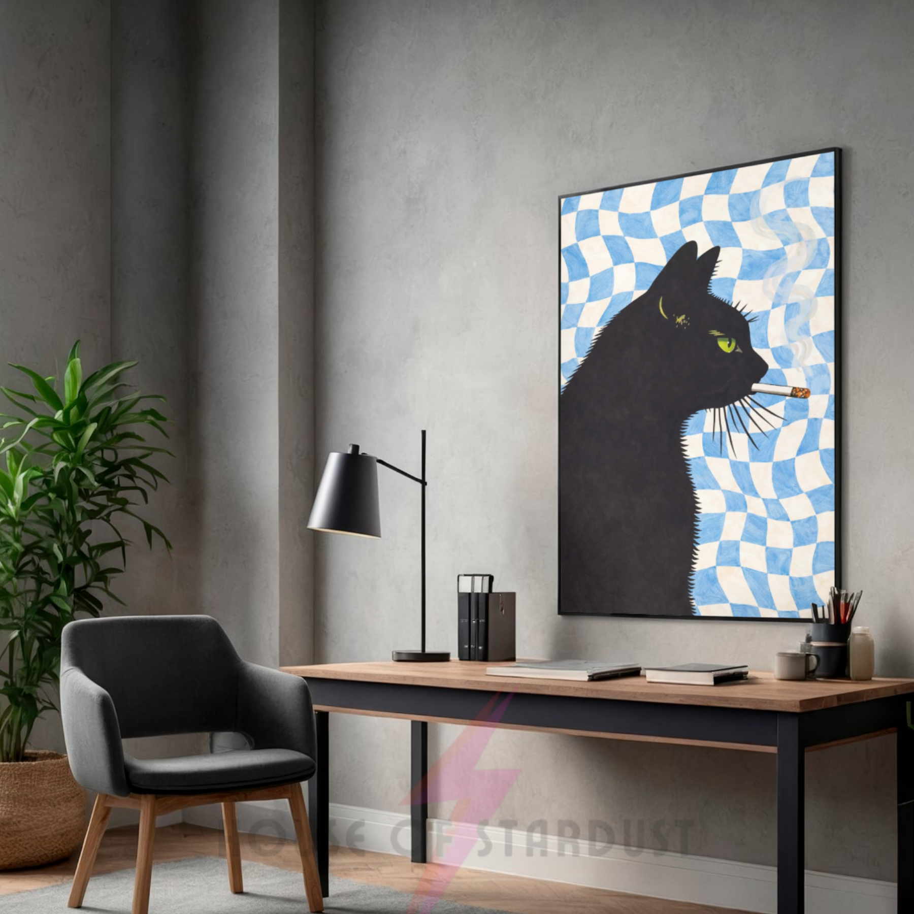Blue Checkerboard | Cool smokin' kitty cat print