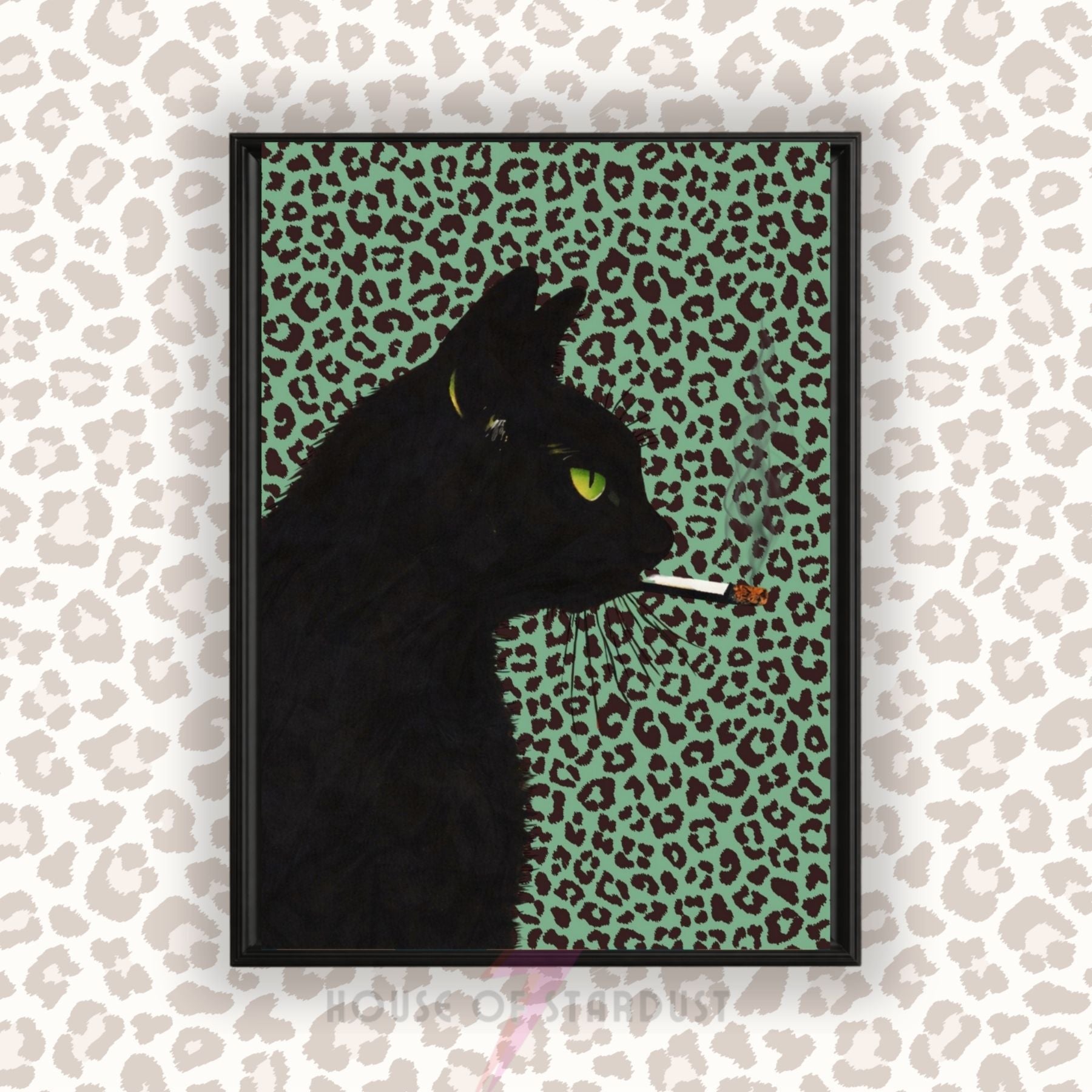 smoking Black Cat Art Print | green Leopard print Wall Decor | Gothic Cat Poster | alternative Maximalist Wall Art A4 A3 A5 A1 A2