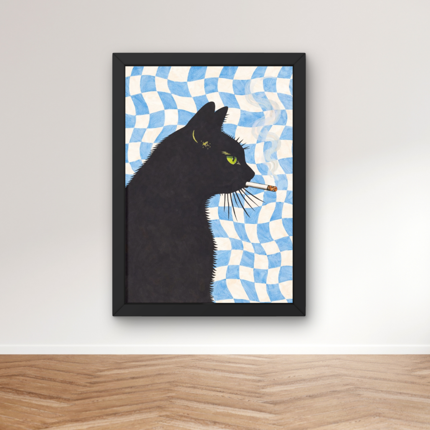 Blue Checkerboard | Cool smokin' kitty cat print