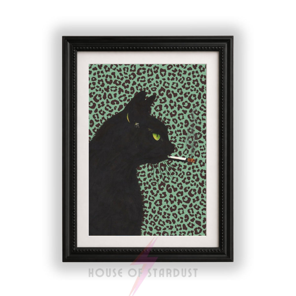 smoking Black Cat Art Print | green Leopard print Wall Decor | Gothic Cat Poster | alternative Maximalist Wall Art A4 A3 A5 A1 A2