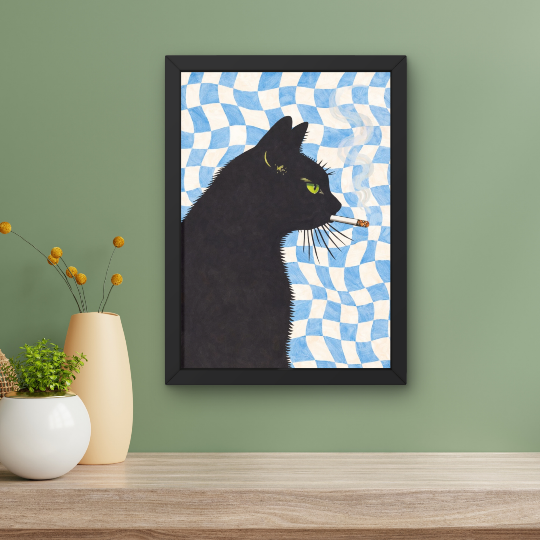 Blue Checkerboard | Cool smokin' kitty cat print