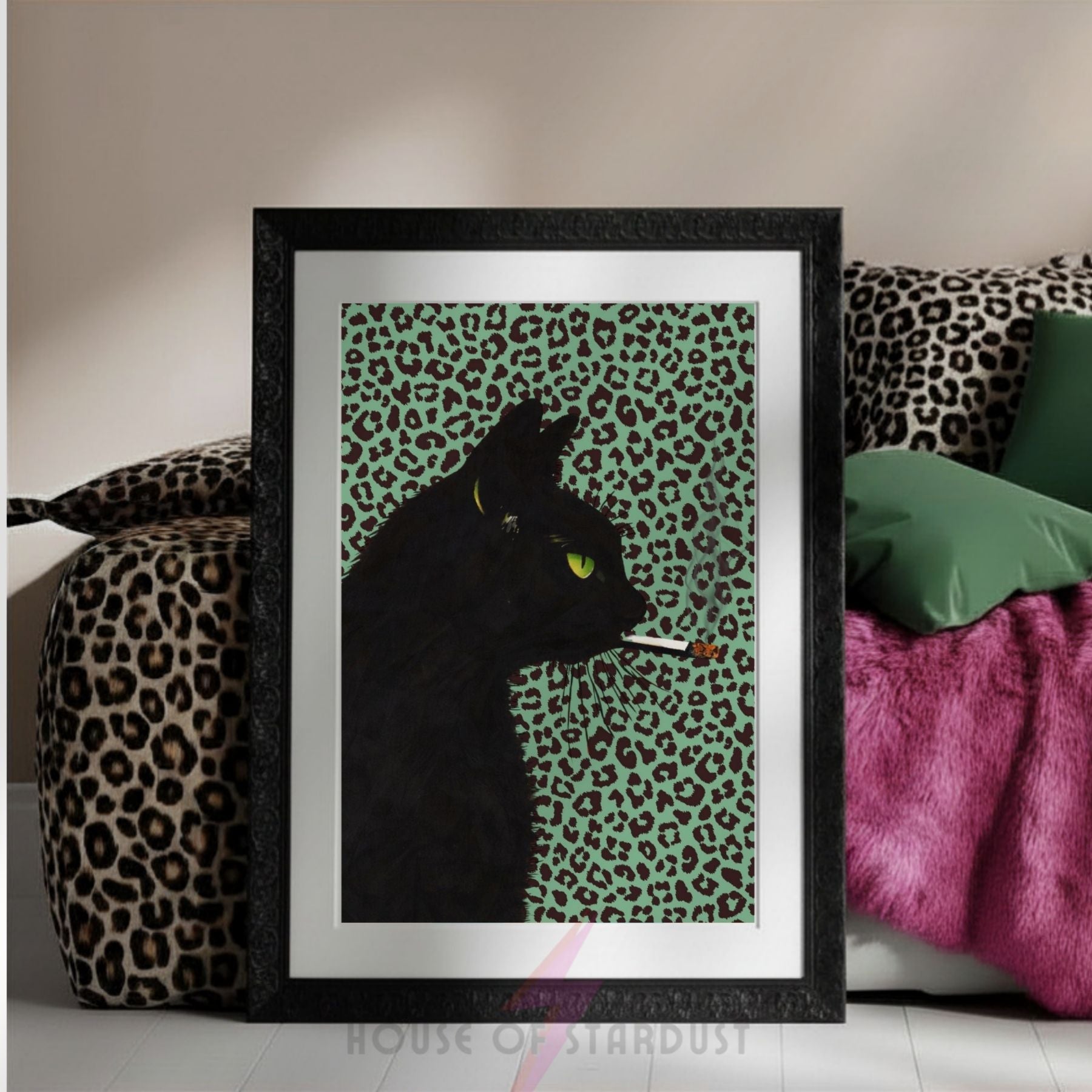 smoking Black Cat Art Print | green Leopard print Wall Decor | Gothic Cat Poster | alternative Maximalist Wall Art A4 A3 A5 A1 A2