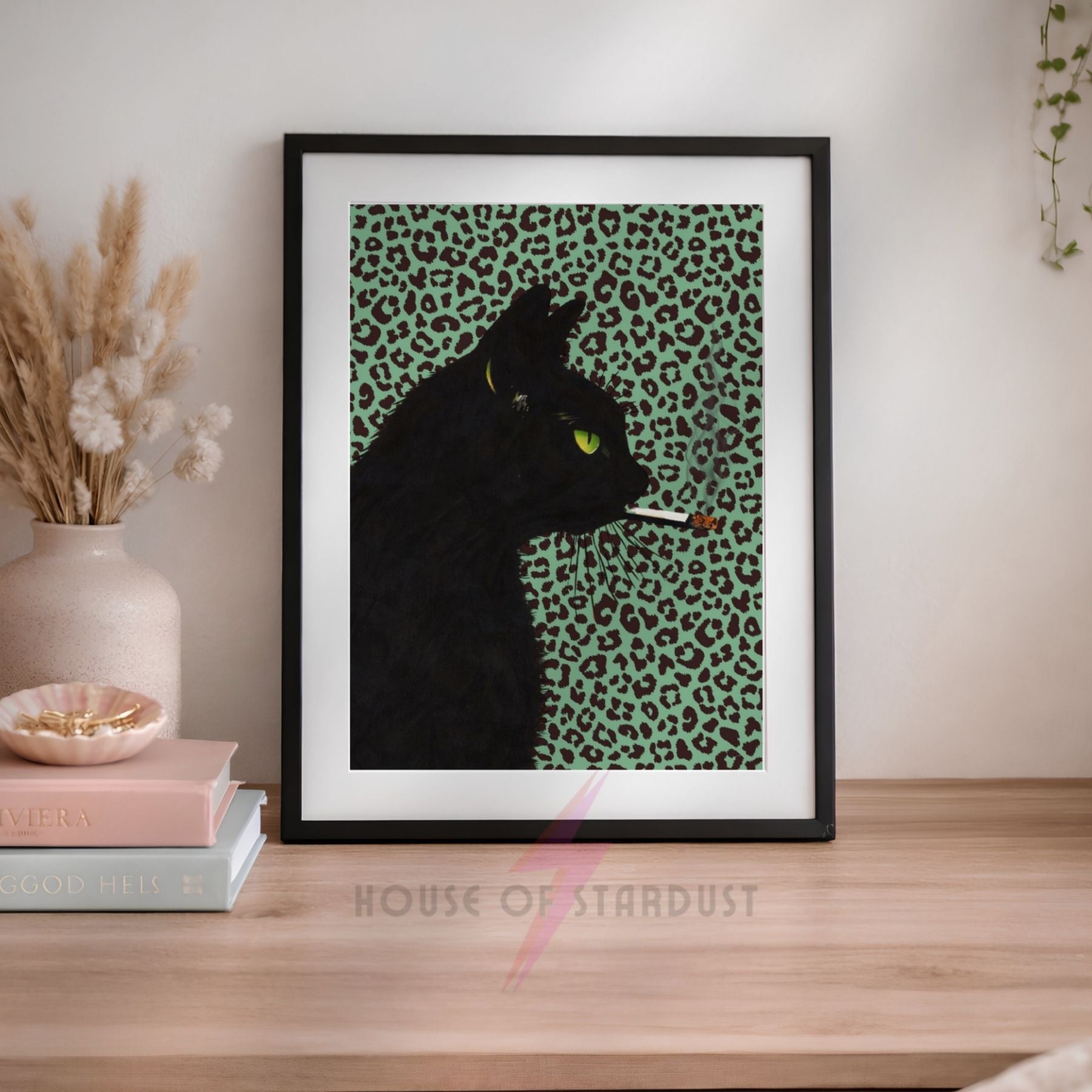 smoking Black Cat Art Print | green Leopard print Wall Decor | Gothic Cat Poster | alternative Maximalist Wall Art A4 A3 A5 A1 A2