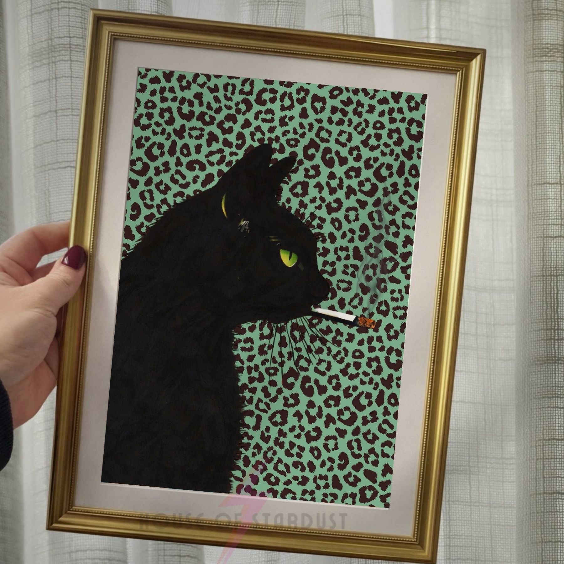 smoking Black Cat Art Print | green Leopard print Wall Decor | Gothic Cat Poster | alternative Maximalist Wall Art A4 A3 A5 A1 A2