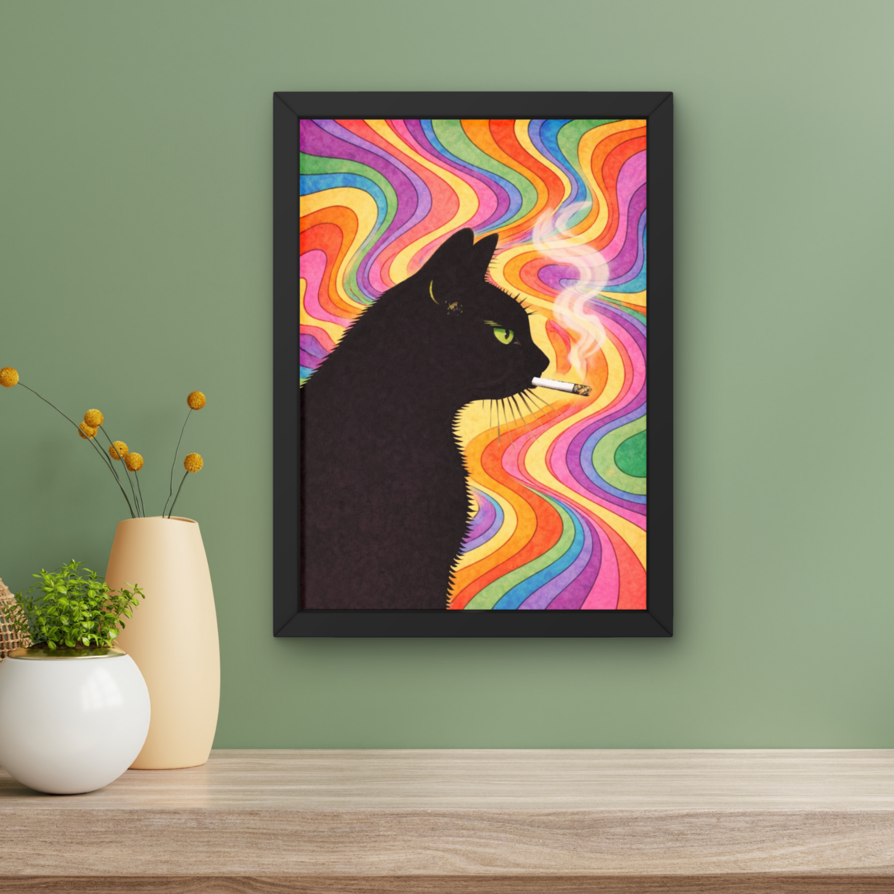 Psychedelic rainbow | Cool smokin' kitty cat print