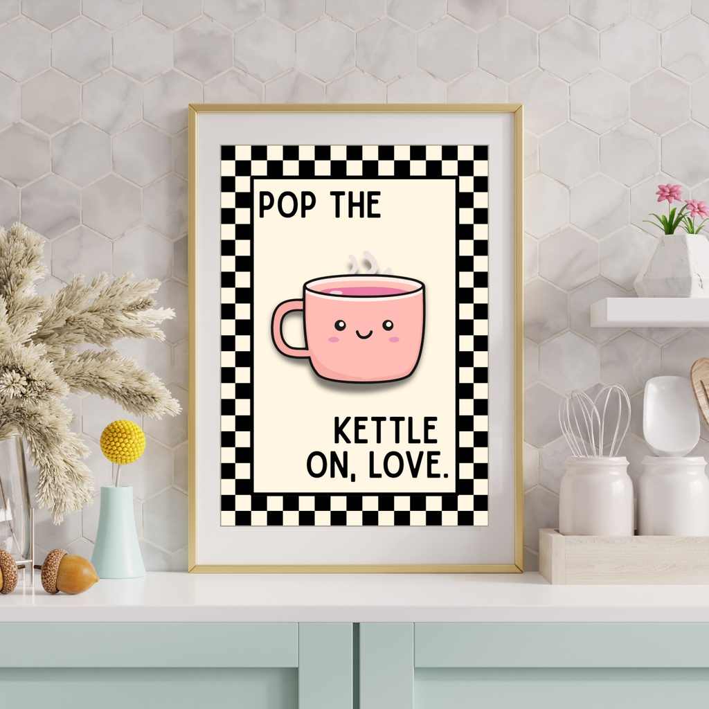 pop the kettle on love | Kitsch Kitchen checkerboard retro collection print