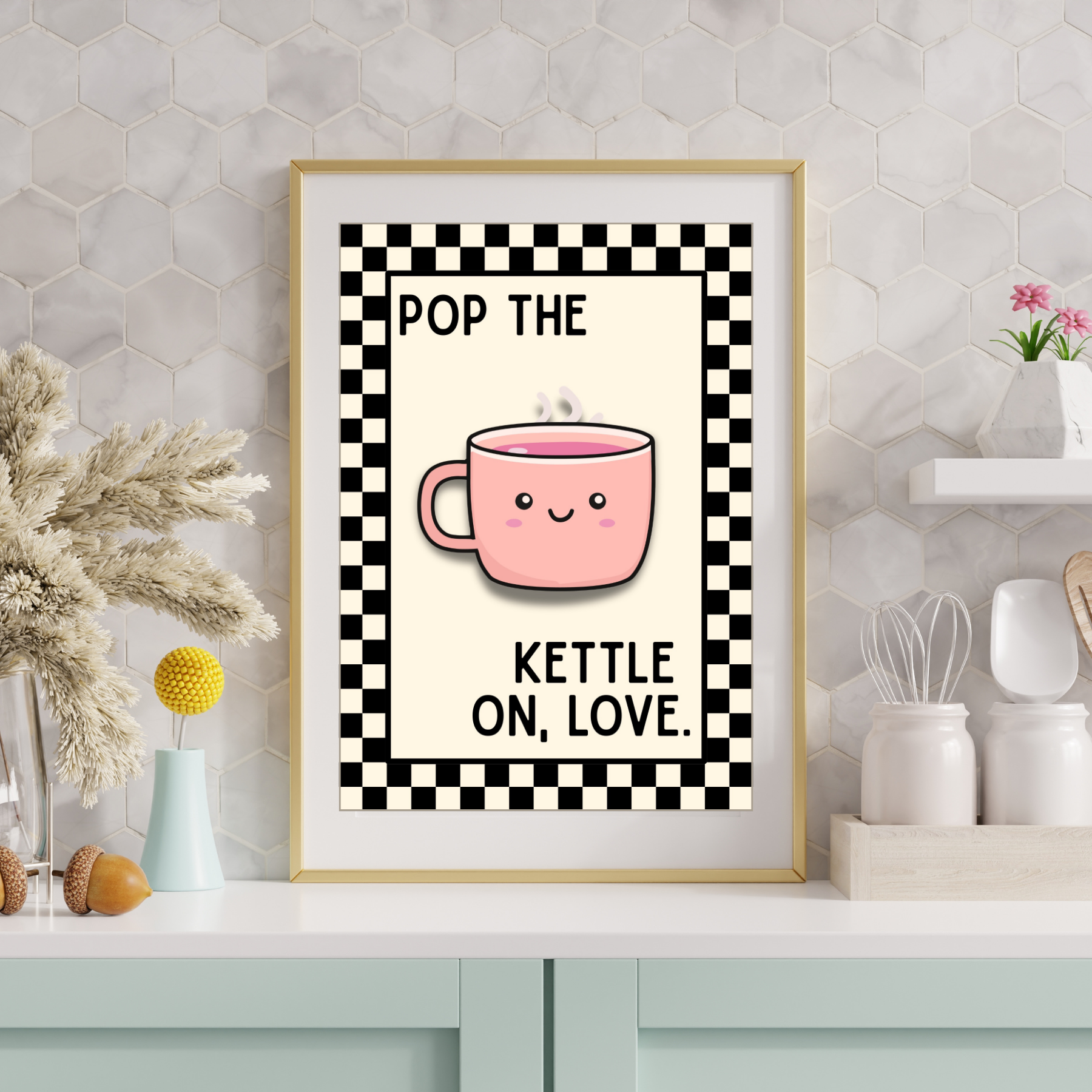 pop the kettle on love | Kitsch Kitchen checkerboard retro collection print