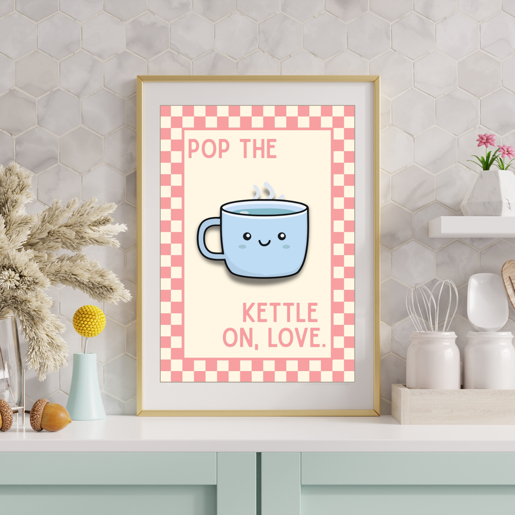 pop the kettle on love | Kitsch Kitchen checkerboard pastels collection print