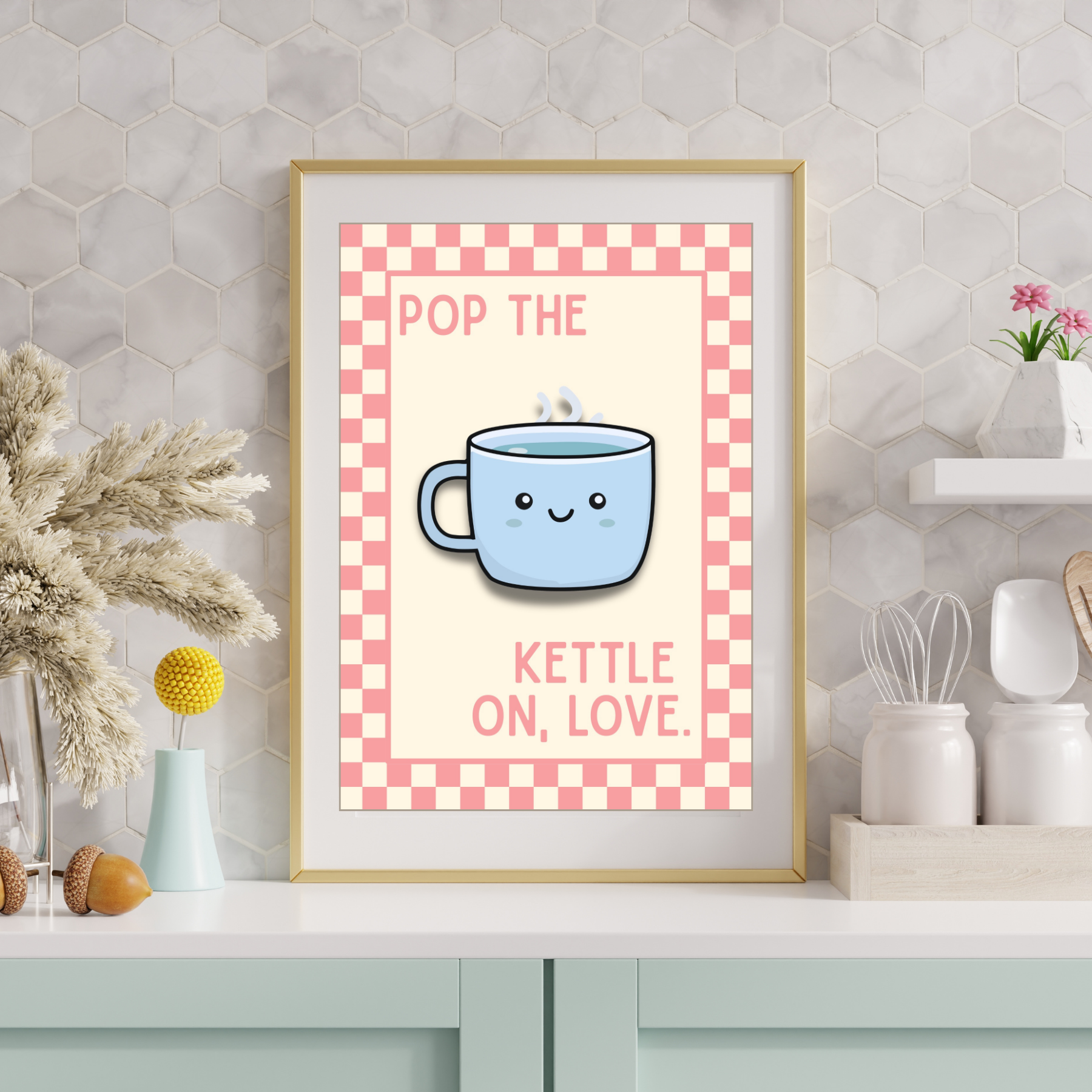 pop the kettle on love | Kitsch Kitchen checkerboard pastels collection print