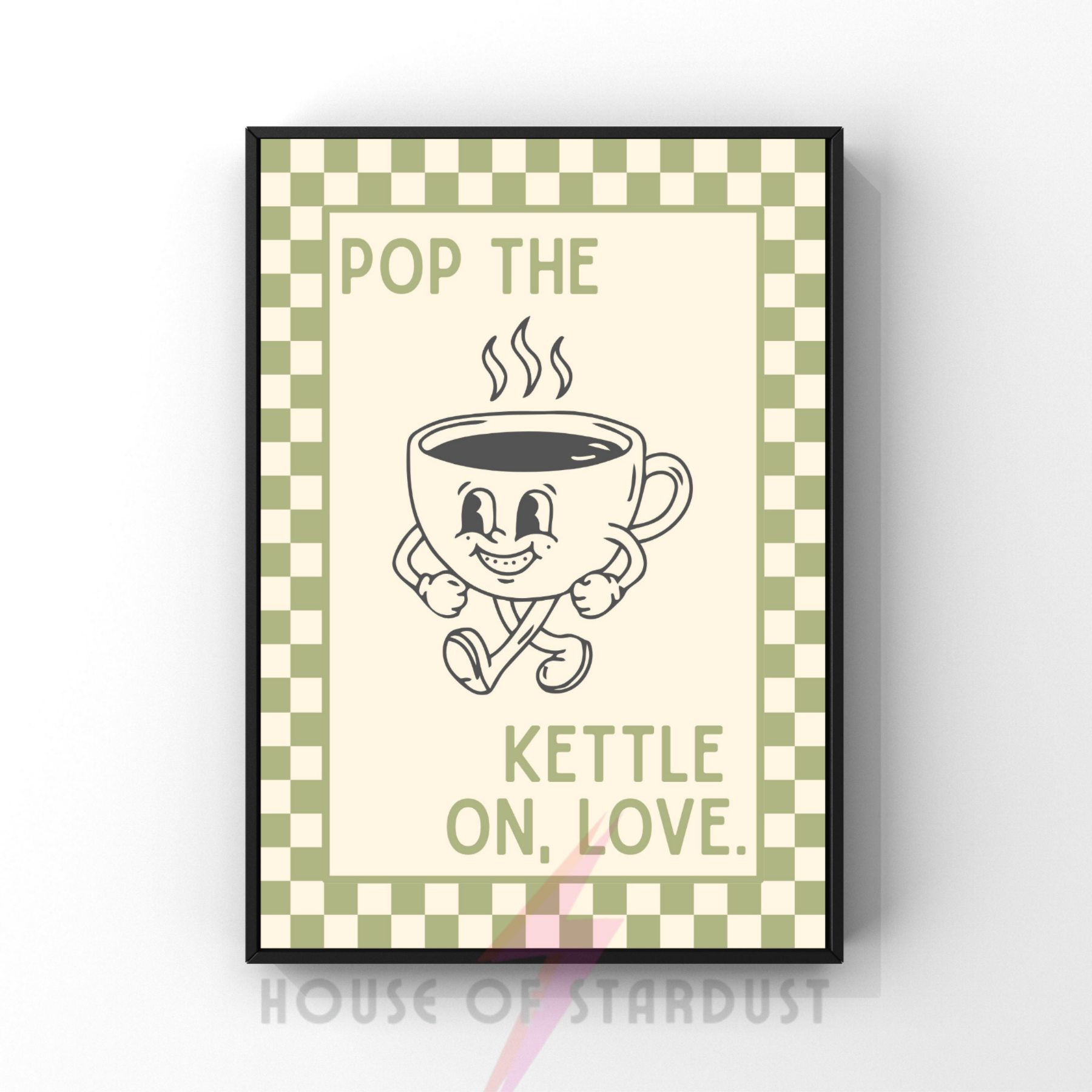 pop the kettle on, love | Kitsch Kitchen checkerboard pastels collection print