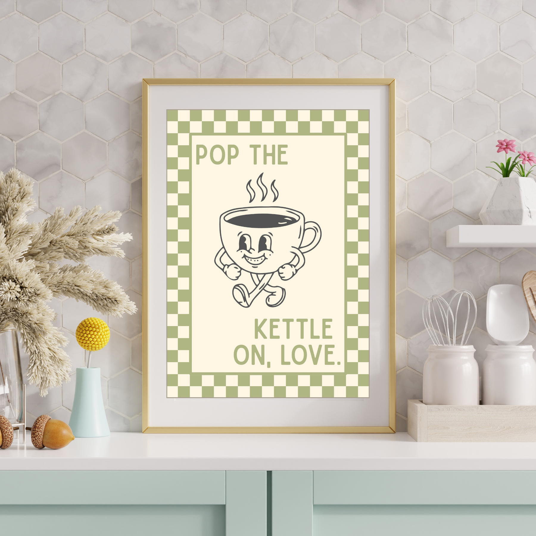pop the kettle on, love | Kitsch Kitchen checkerboard pastels collection print