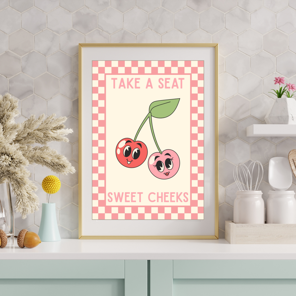 Take a seat sweet Cheeks | Kitsch Kitchen checkerboard pastels collection print