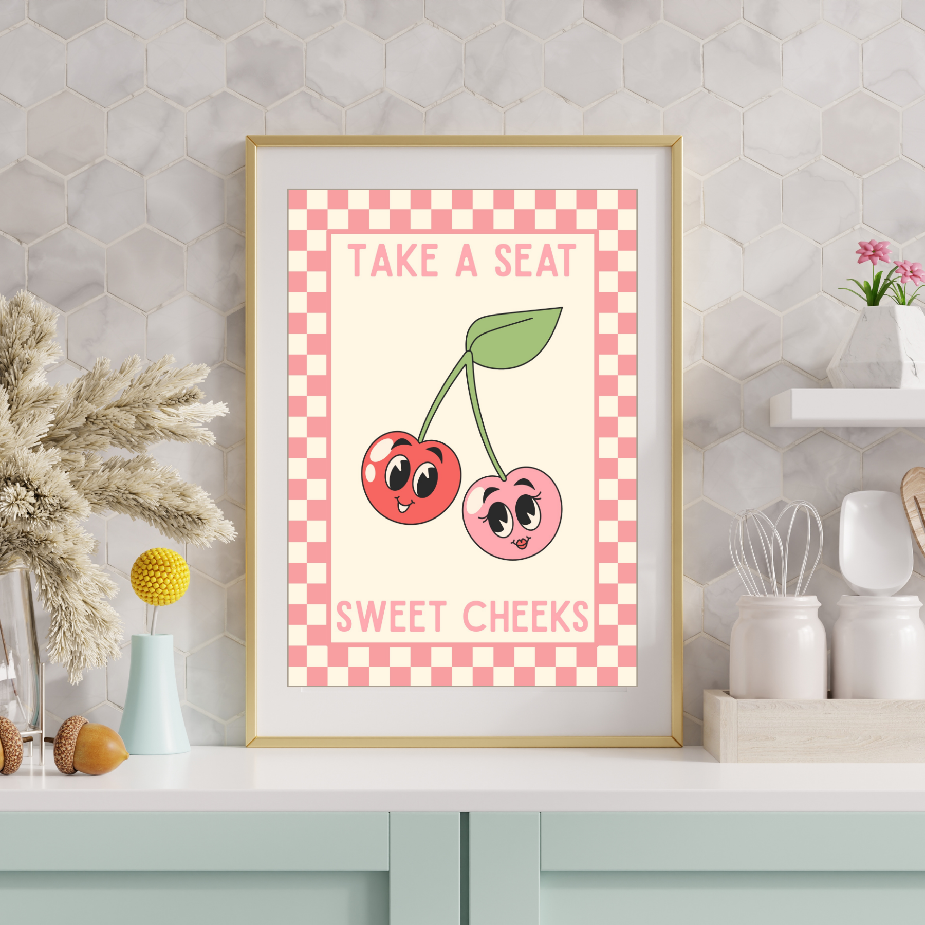 Take a seat sweet Cheeks | Kitsch Kitchen checkerboard pastels collection print