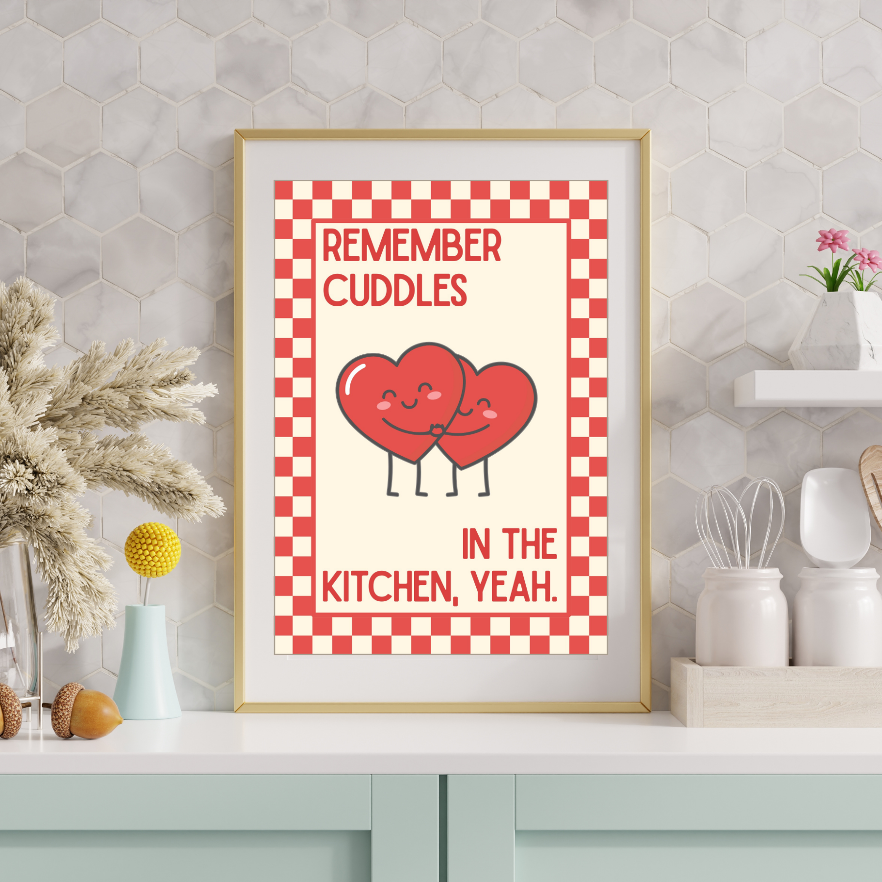 Cuddles in the kitchen |   Kitsch Kitchen checkerboard pastels collection print