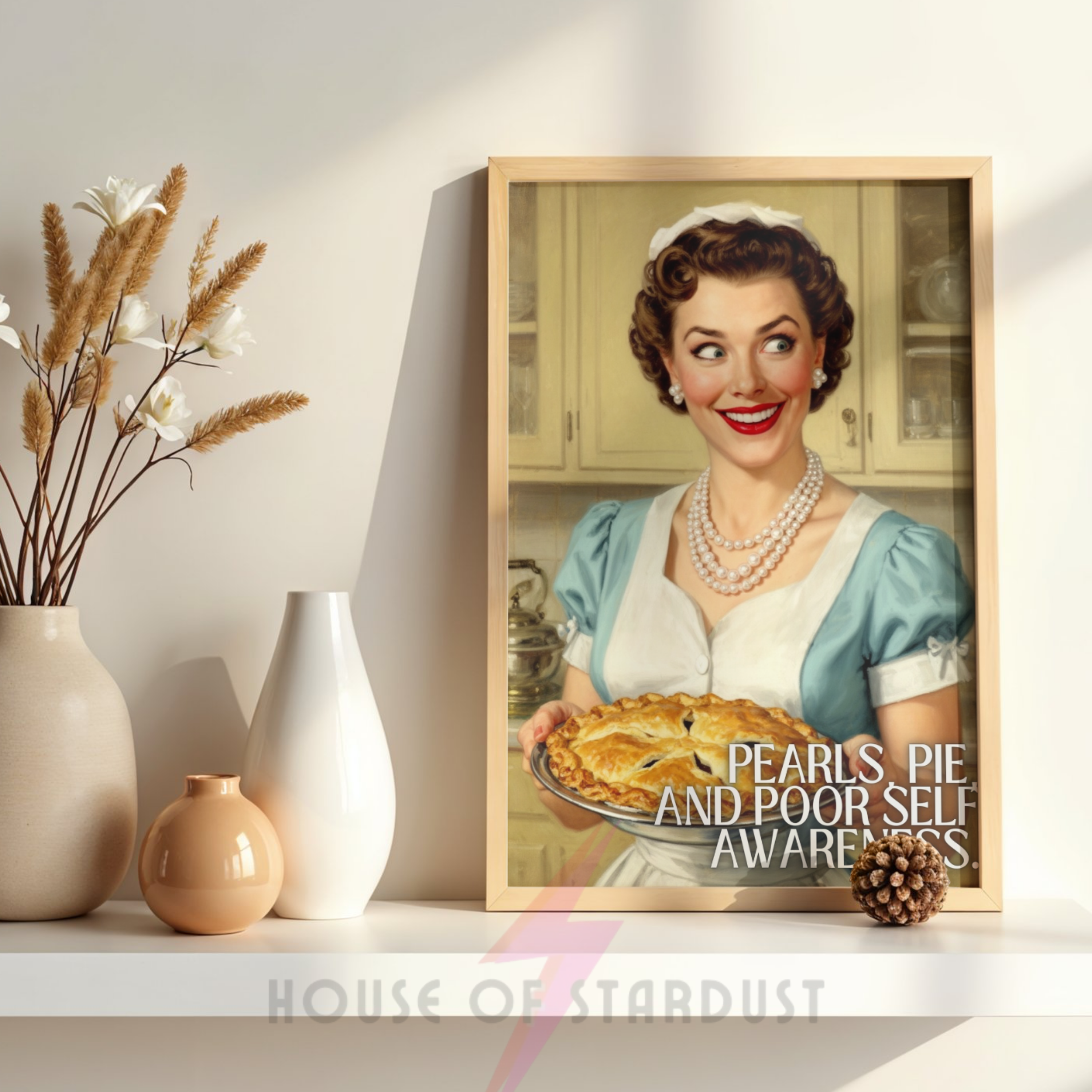 Pearls, pie and poor self awareness | RETRO HOUSEWIFE feminist ADHD Autism HUMOUR PRINT