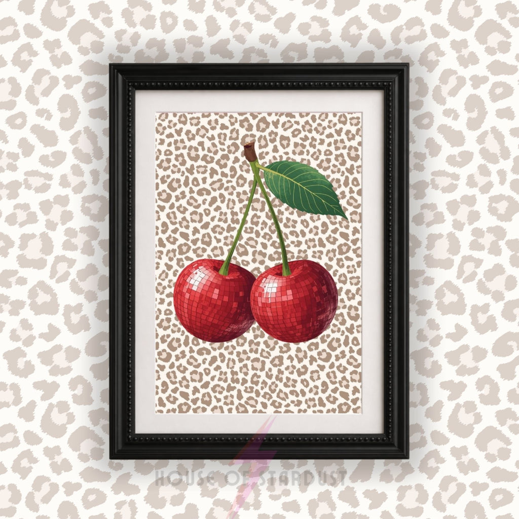 Disco Cherry Wall Art Print | Leopard Print emo Cherries Poster | Coquette Kitchen Decor | Maximalist Fruit Wall Art | Dopamine Decor A4 A3 A5 A1 A2