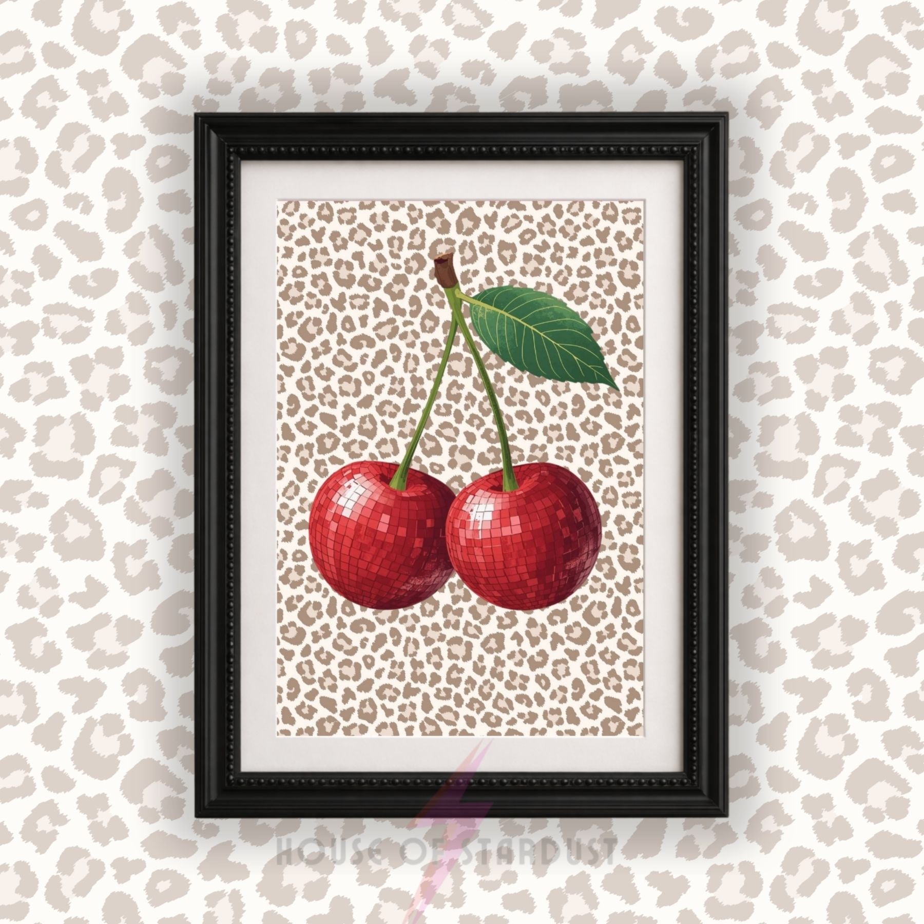 Disco Cherry Wall Art Print | Leopard Print emo Cherries Poster | Coquette Kitchen Decor | Maximalist Fruit Wall Art | Dopamine Decor A4 A3 A5 A1 A2
