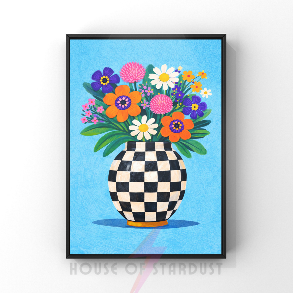 Bold blue checkerboard | Funky floral blooms flower print