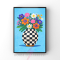 Bold blue checkerboard | Funky floral blooms flower print
