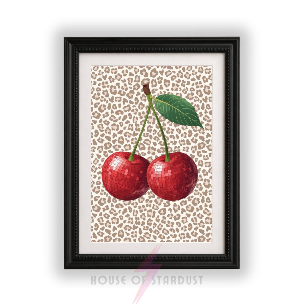 Disco Cherry Wall Art Print | Leopard Print emo Cherries Poster | Coquette Kitchen Decor | Maximalist Fruit Wall Art | Dopamine Decor A4 A3 A5 A1 A2