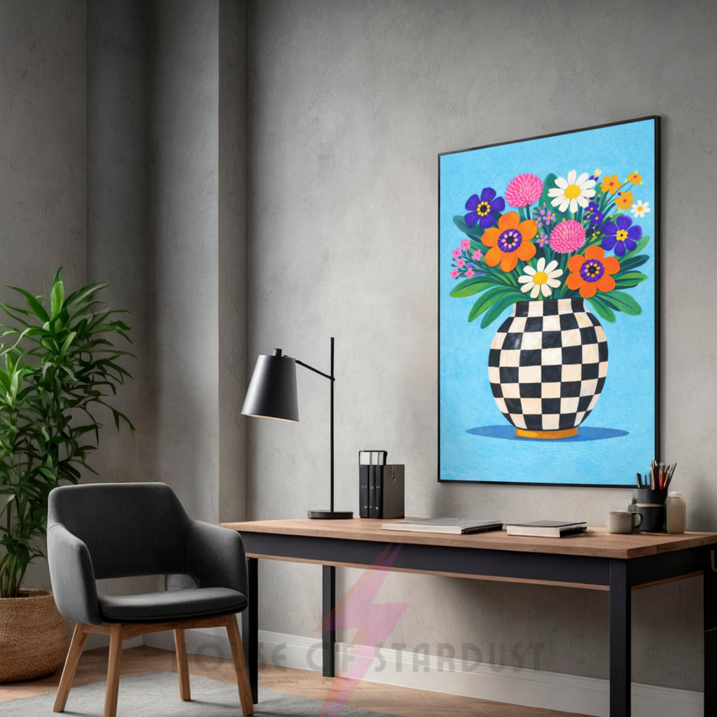 Bold blue checkerboard | Funky floral blooms flower print