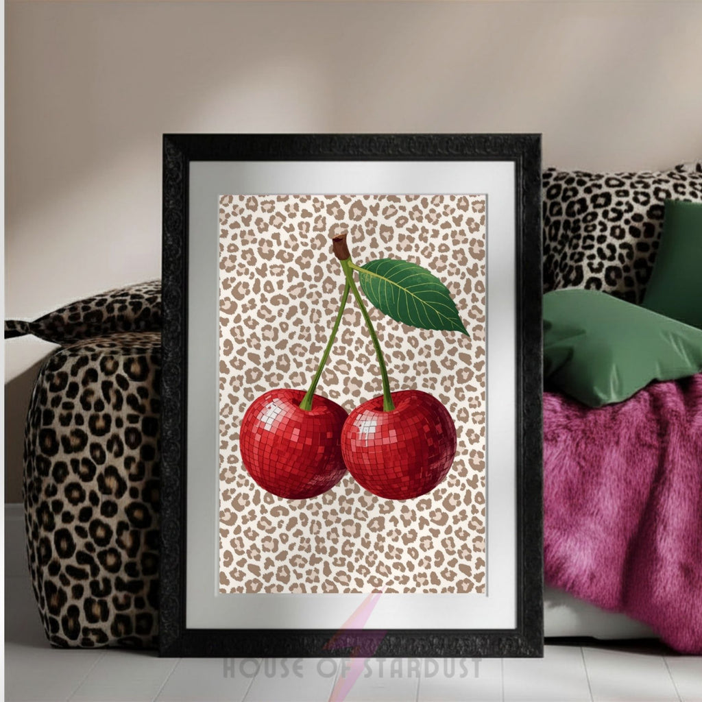 Disco Cherry Wall Art Print | Leopard Print emo Cherries Poster | Coquette Kitchen Decor | Maximalist Fruit Wall Art | Dopamine Decor A4 A3 A5 A1 A2