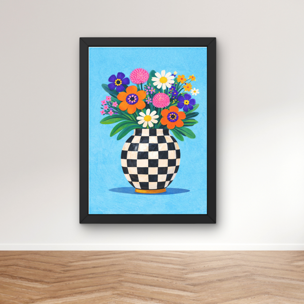 Bold blue checkerboard | Funky floral blooms flower print