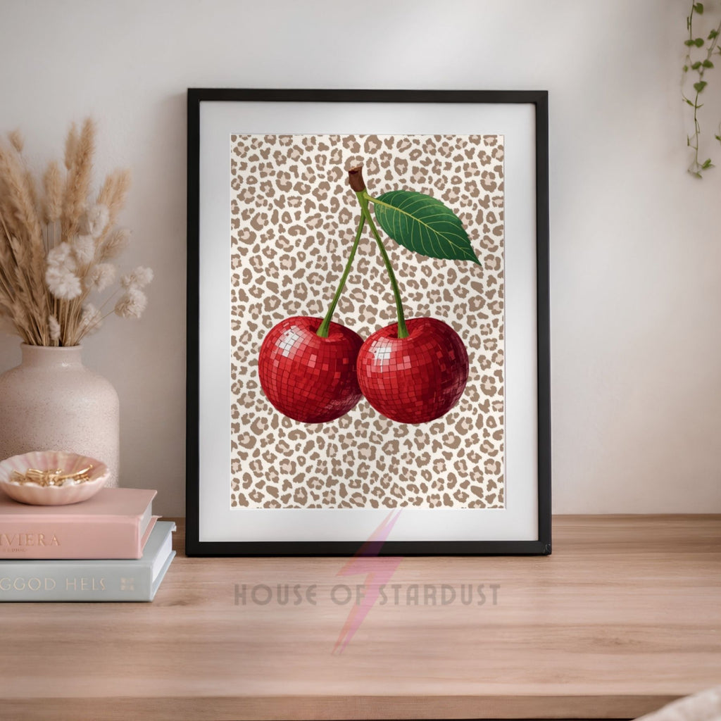 Disco Cherry Wall Art Print | Leopard Print emo Cherries Poster | Coquette Kitchen Decor | Maximalist Fruit Wall Art | Dopamine Decor A4 A3 A5 A1 A2